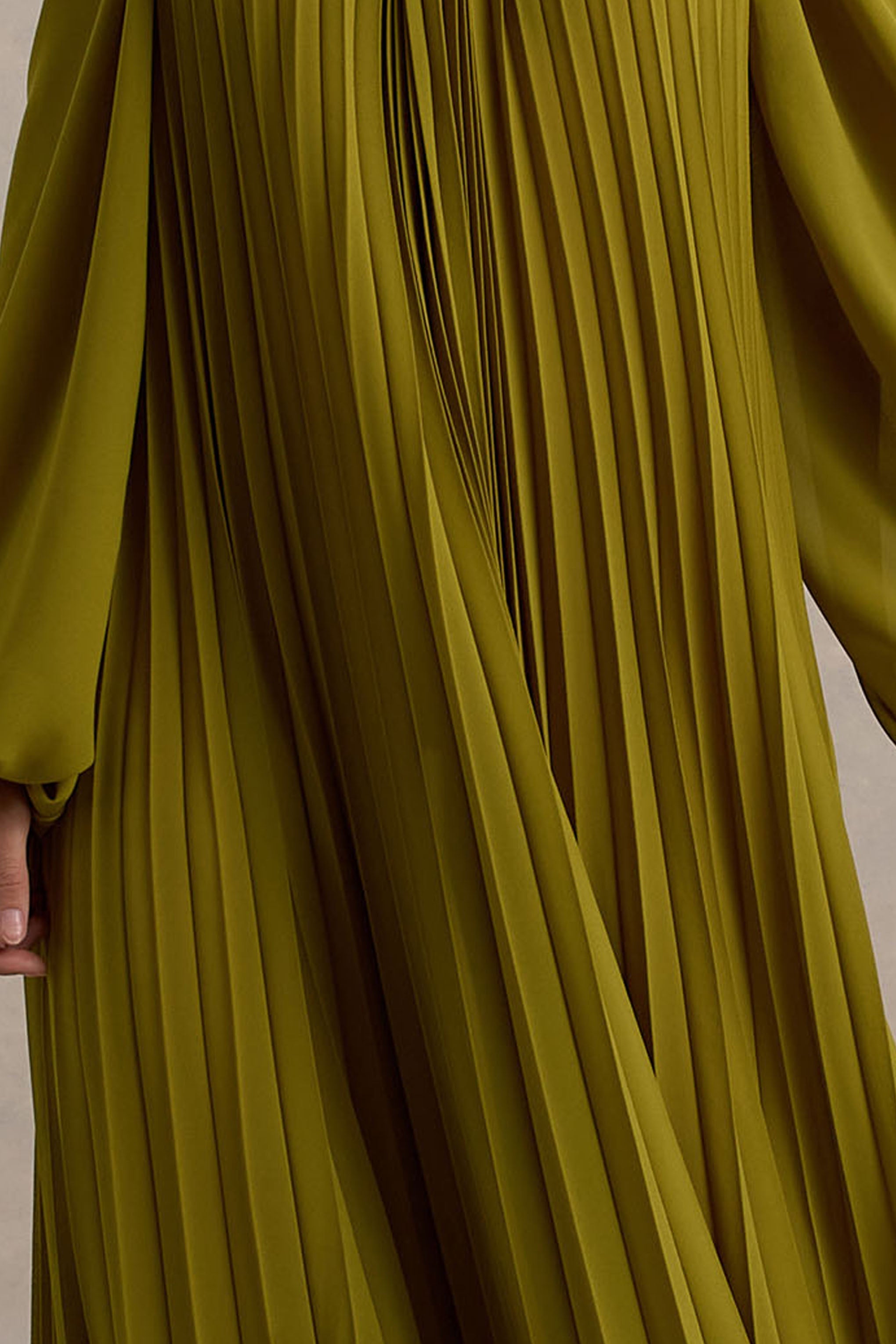 Reyna | Olive Pleated Chiffon Cold-Shoulder Maxi Dress