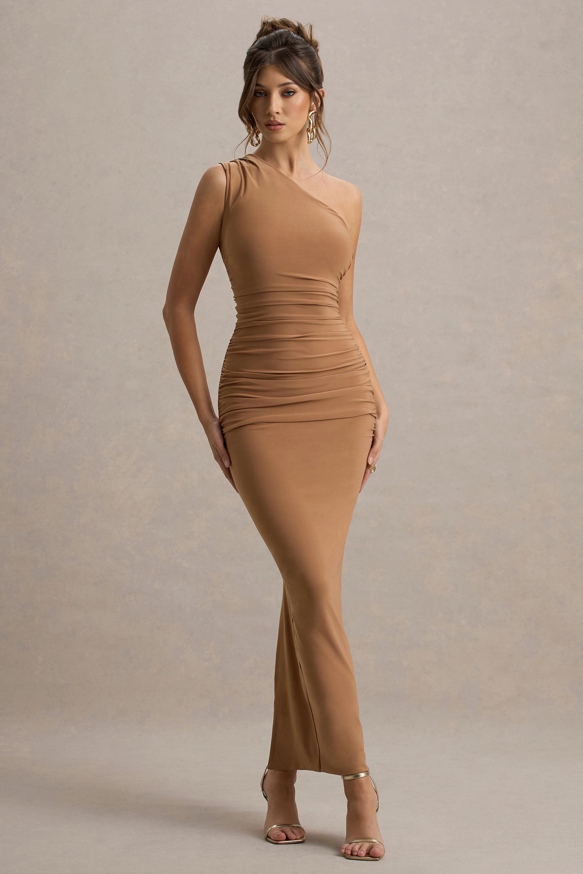 Dalarie | Brown One-Shoulder Gathered Maxi Dress