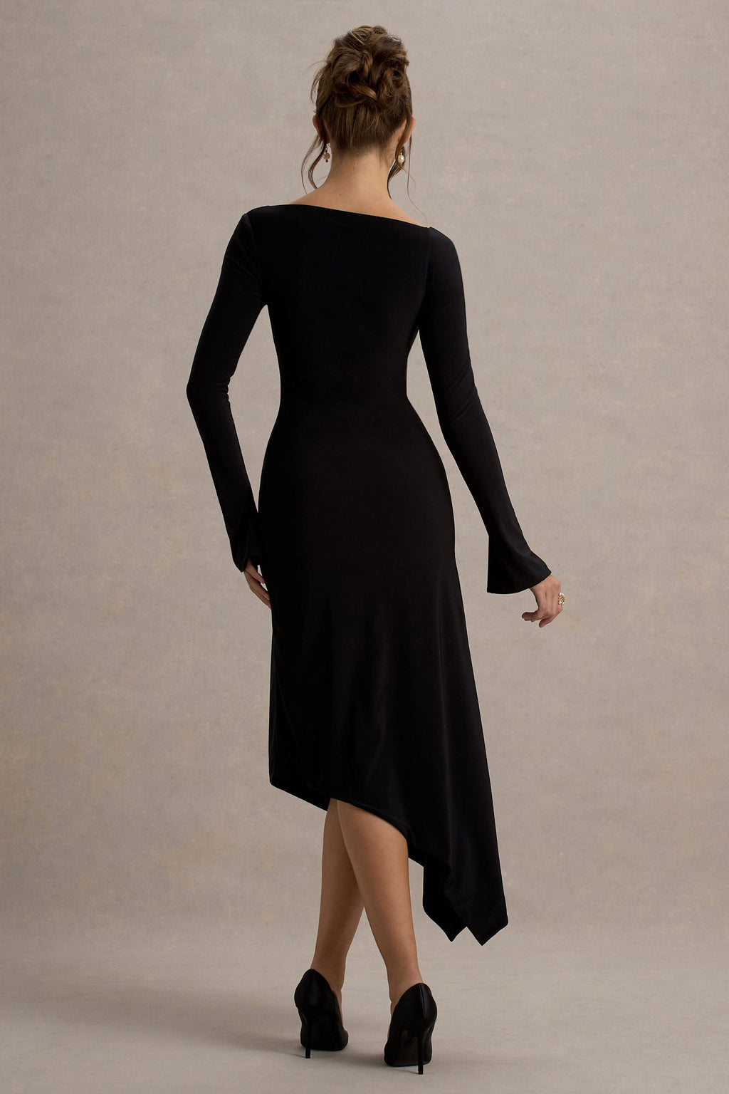 Serenita | Black Asymmetric Long-Sleeve Midi Dress