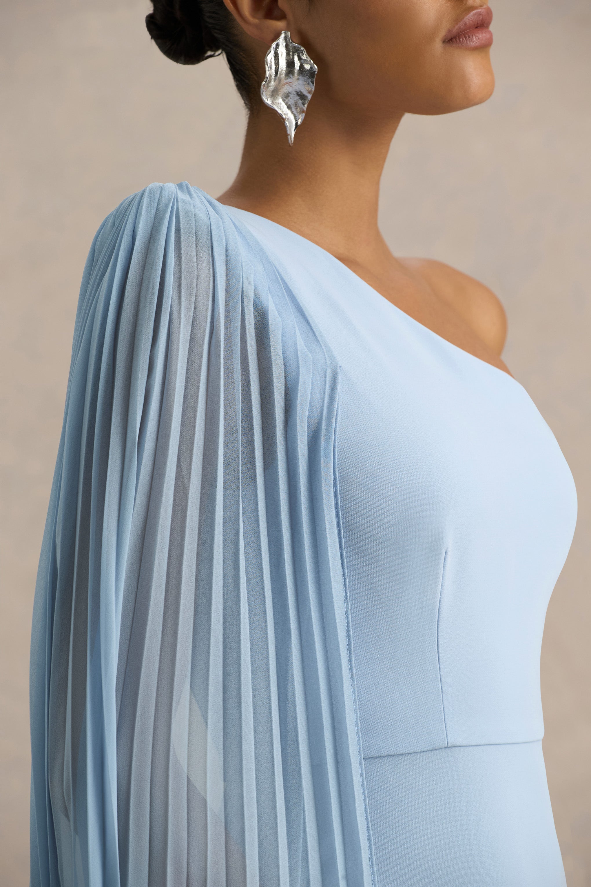 Athens | Powder Blue Asymmetric-Neck Maxi Dress With Cape Sleeve Detail