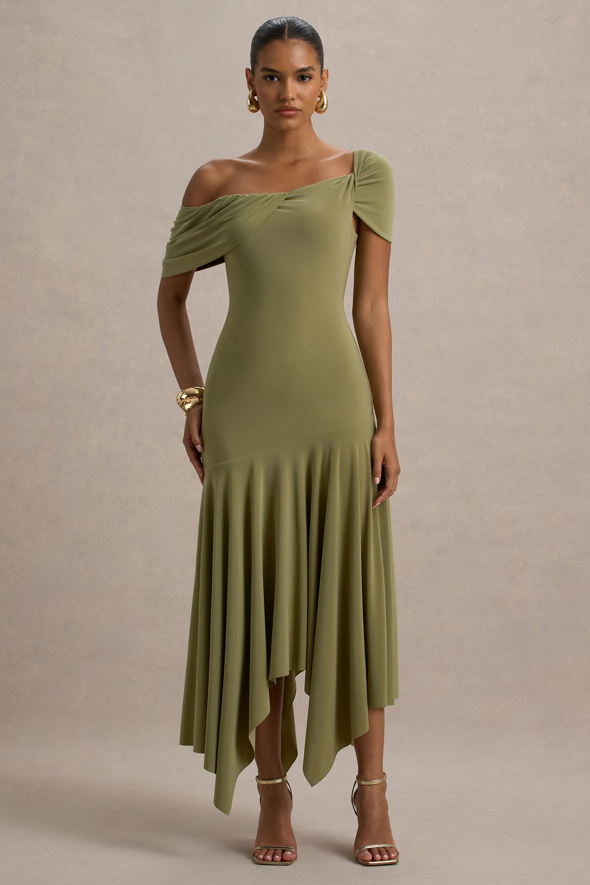 Castor | Olive Asymmetric Midi Dress