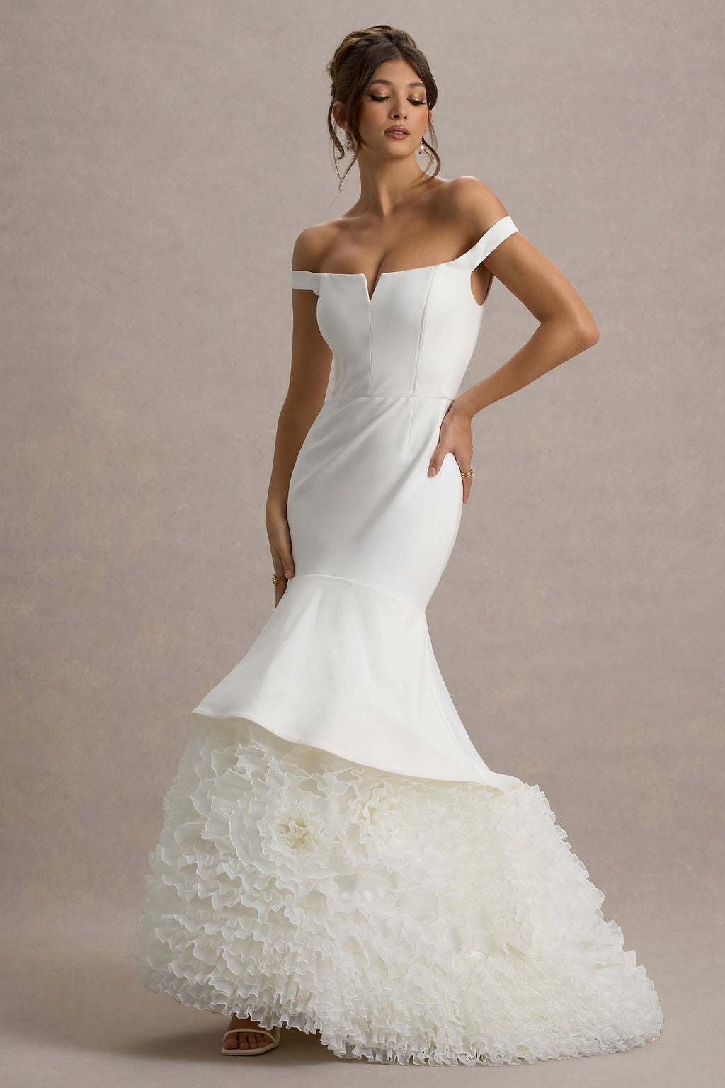 The Greatest | White & Cream Bardot Maxi Dress With Tulle Skirt