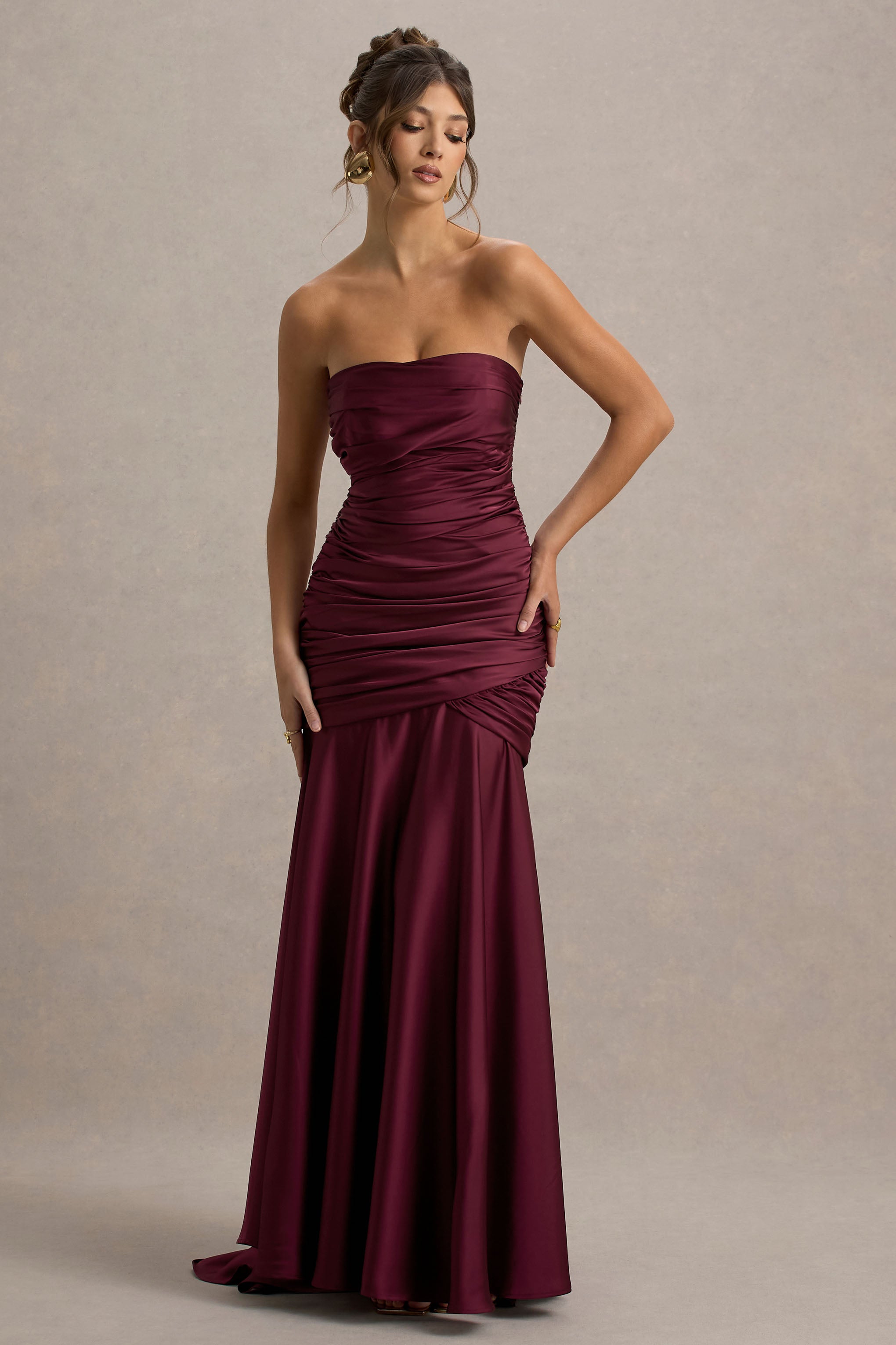 Cassidy | Burgundy Satin Bandeau Gathered Maxi Dress