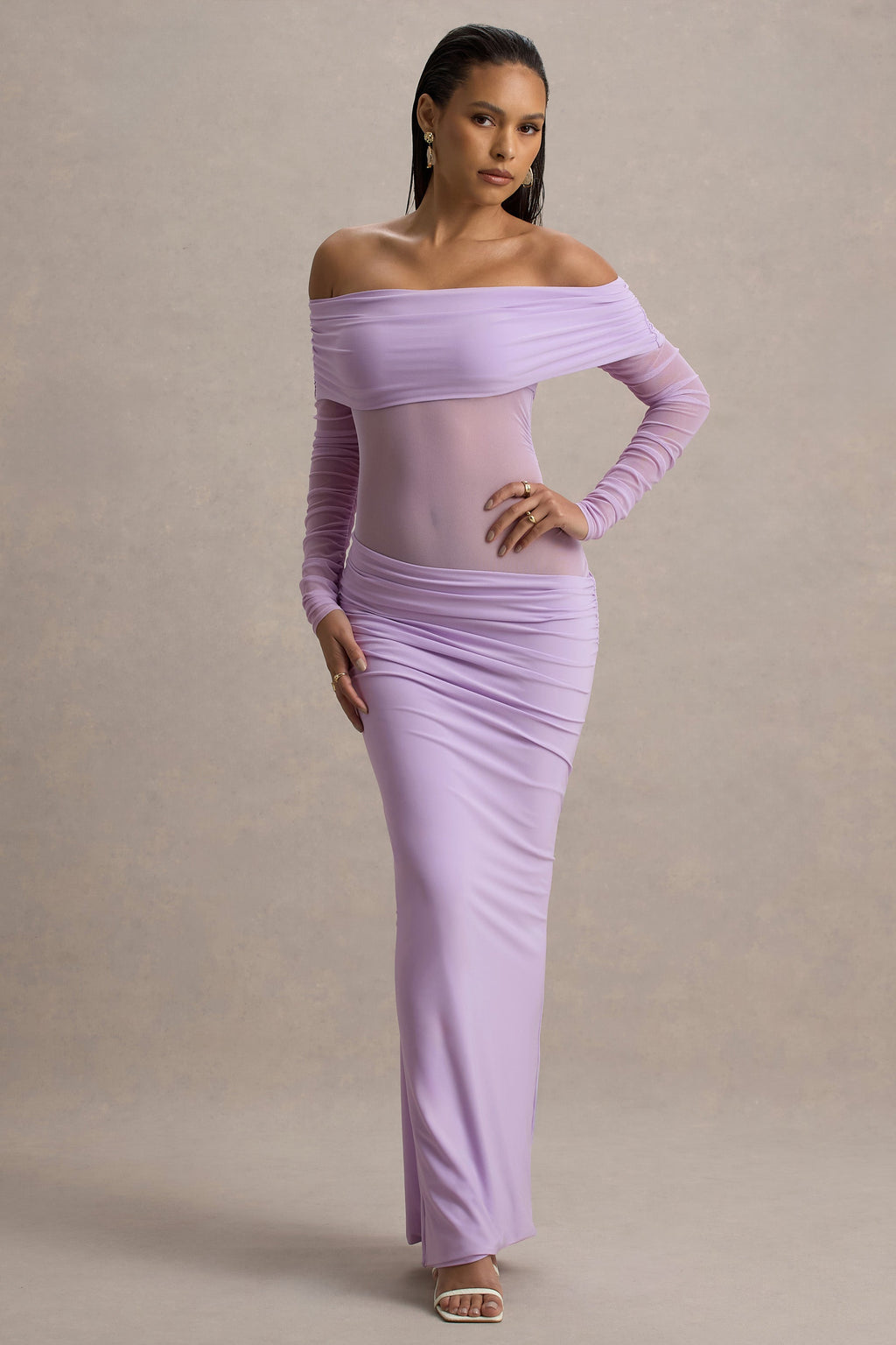 Belamour | Lavender Semi-Sheer Bardot Gathered Maxi Dress