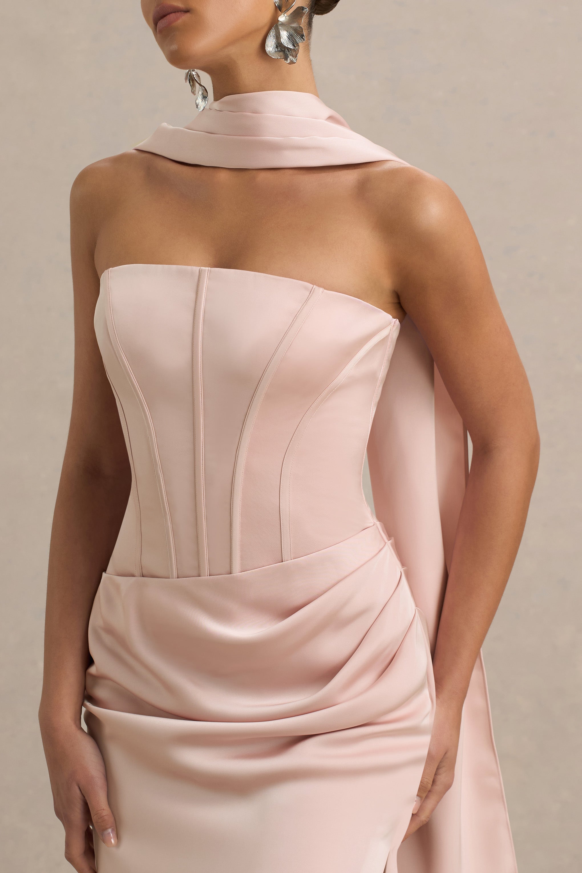 Joseline | Pale Pink Satin Corset Wrap Maxi Dress With Scarf