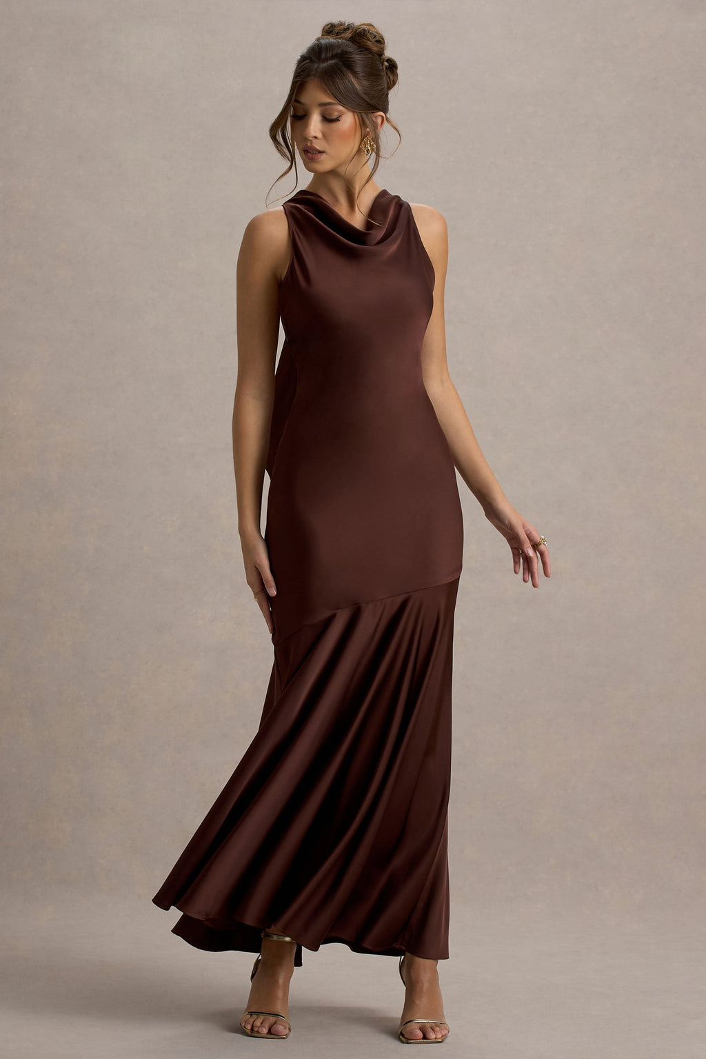 Amelita | Brown Satin Cowl-Neck Maxi Dress