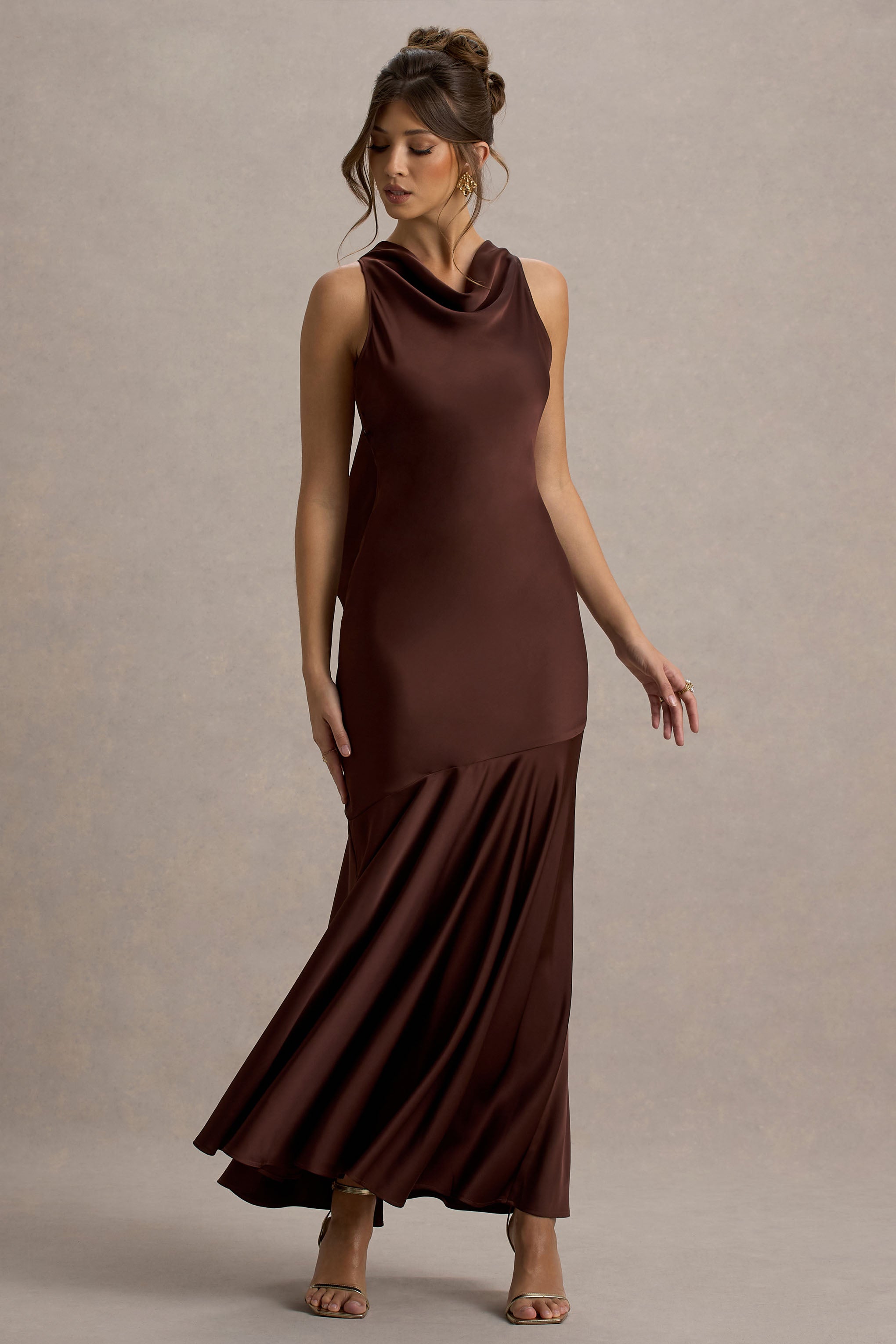 Amelita | Brown Satin Cowl-Neck Maxi Dress