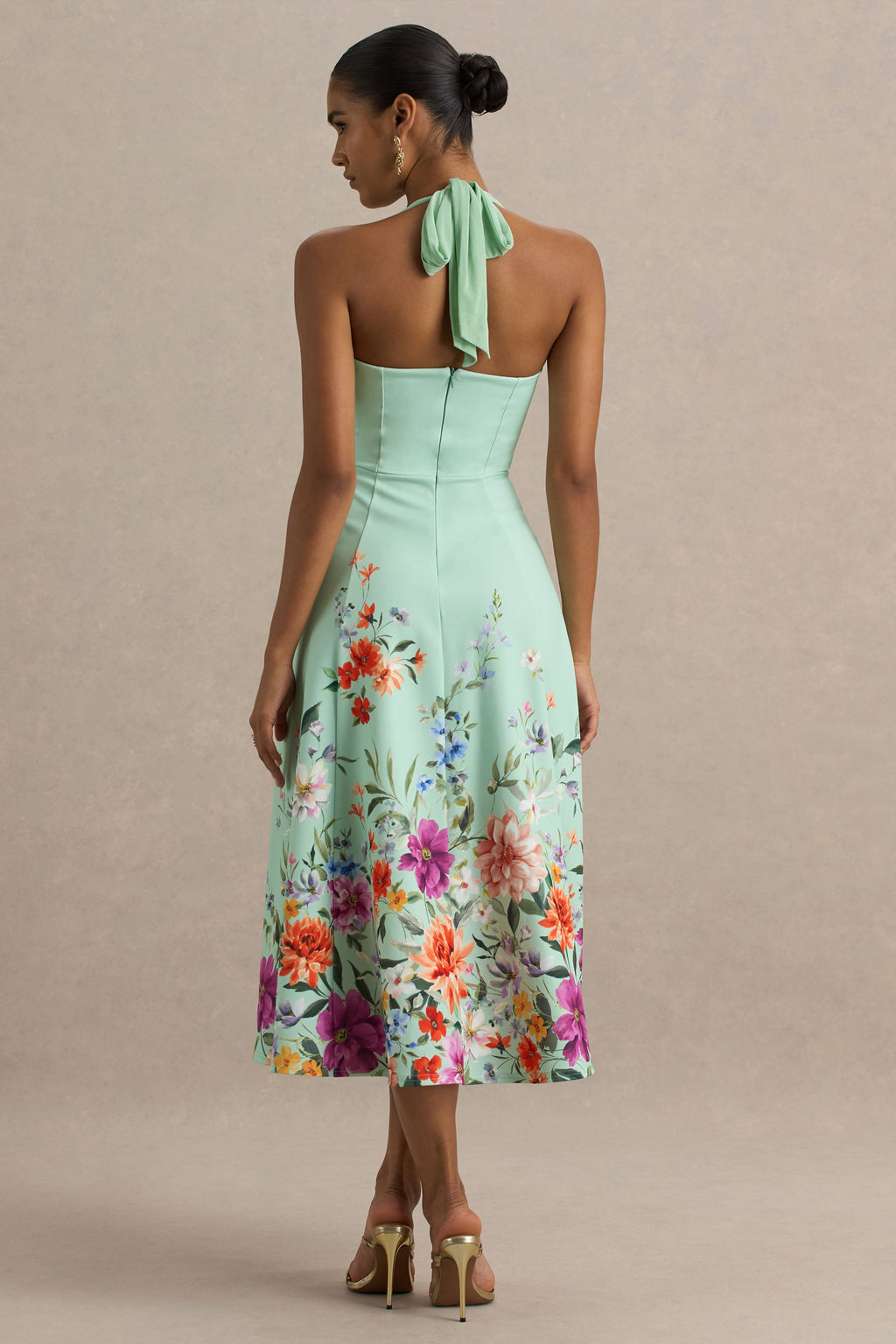 Auburn | Mint Placement Floral Halter-Neck Midi Dress