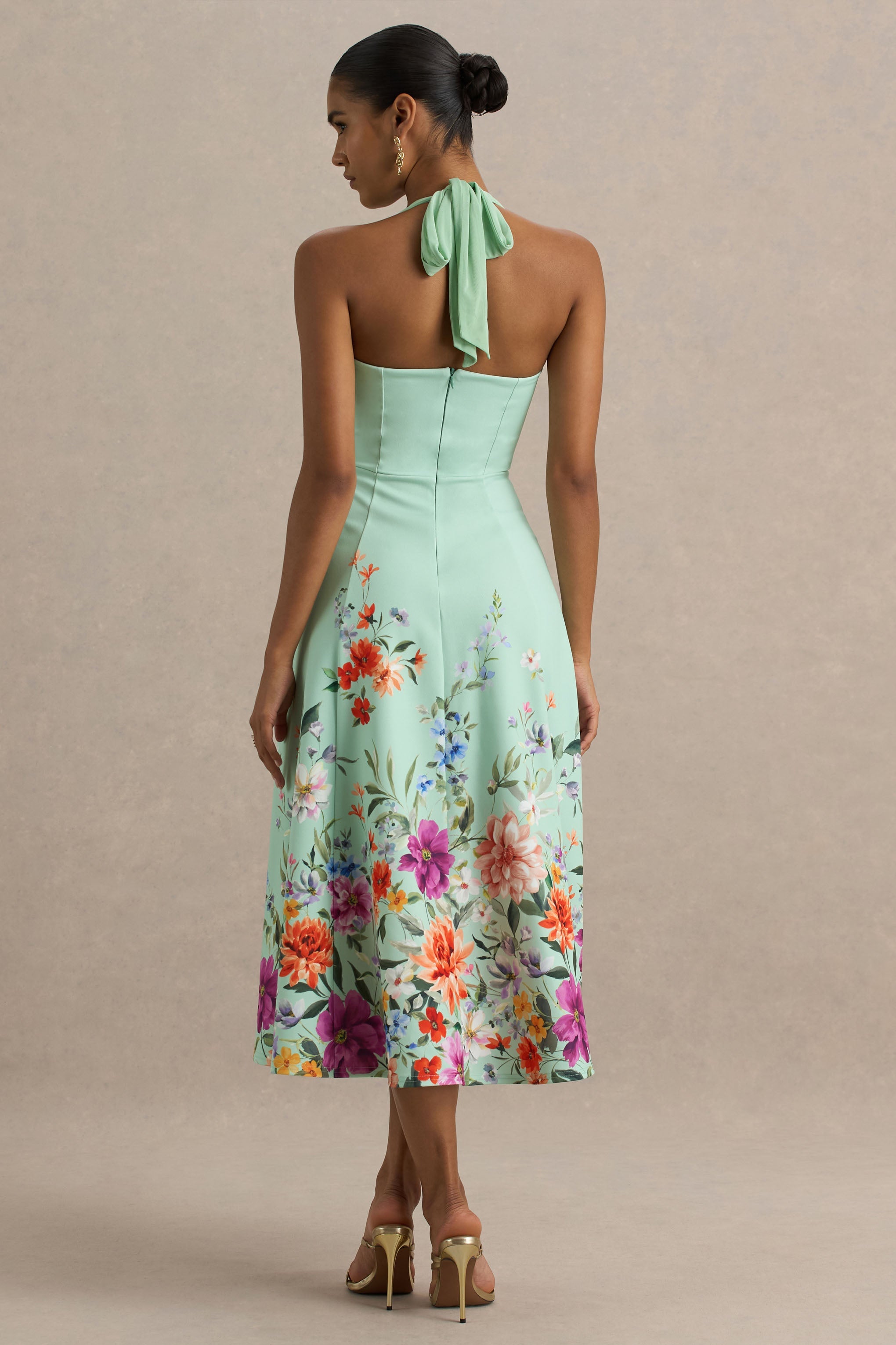 Auburn | Mint Placement Floral Halter-Neck Midi Dress