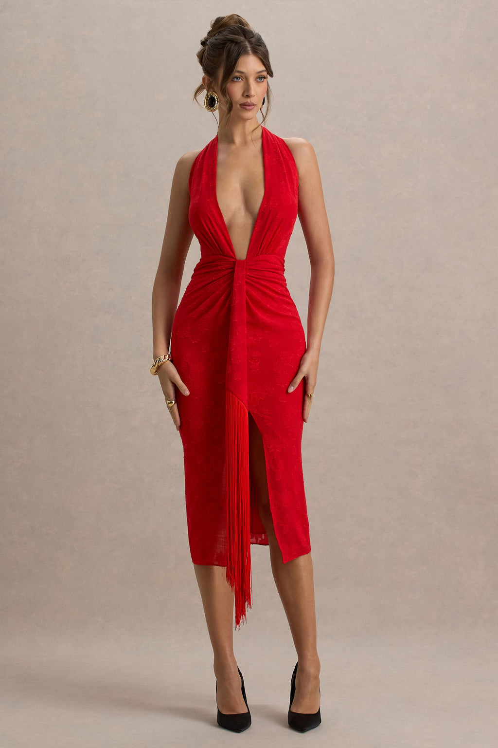 Auria | Red Satin Devore Plunge-Neck Midi Dress With Fringe Details