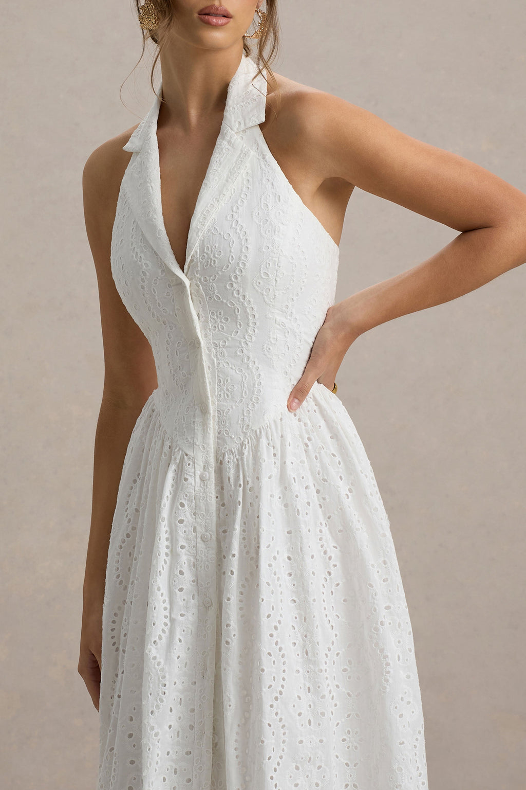 Jezebel | White Lace Plunge-Neck Collared Midi Dress