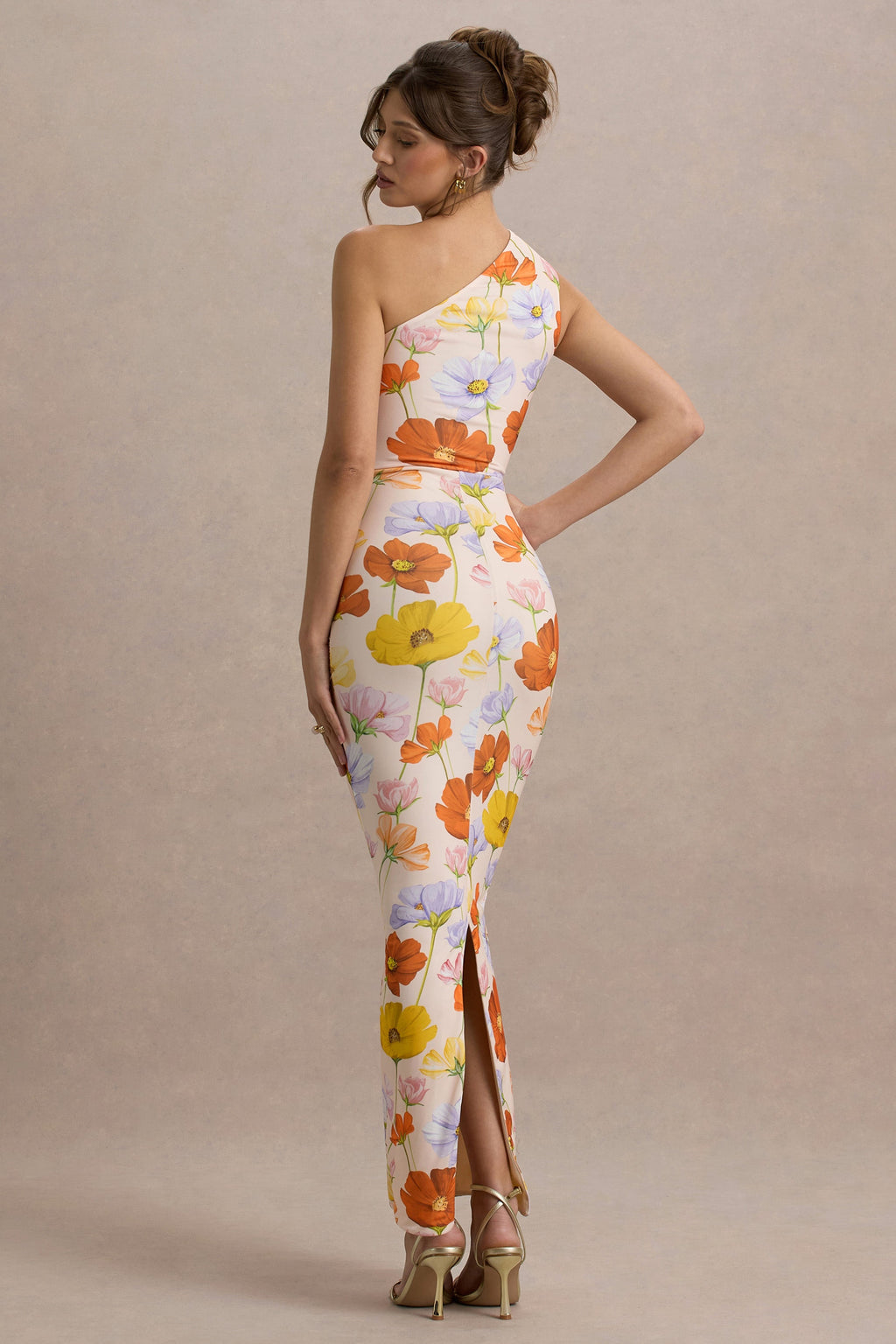 Dalarie | Bright Floral Print One-Shoulder Gathered Maxi Dress