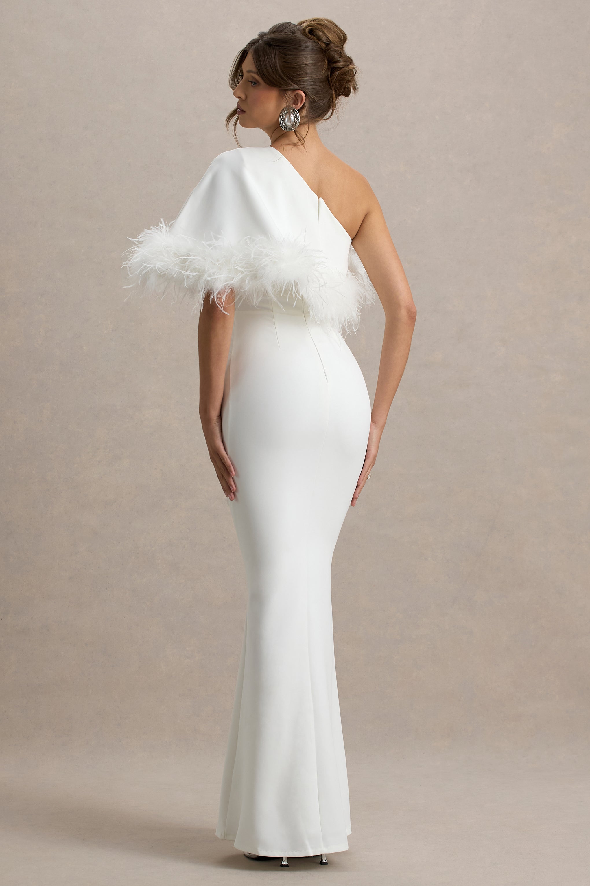 Valor | White Asymmetric Maxi Dress With Feather Trim