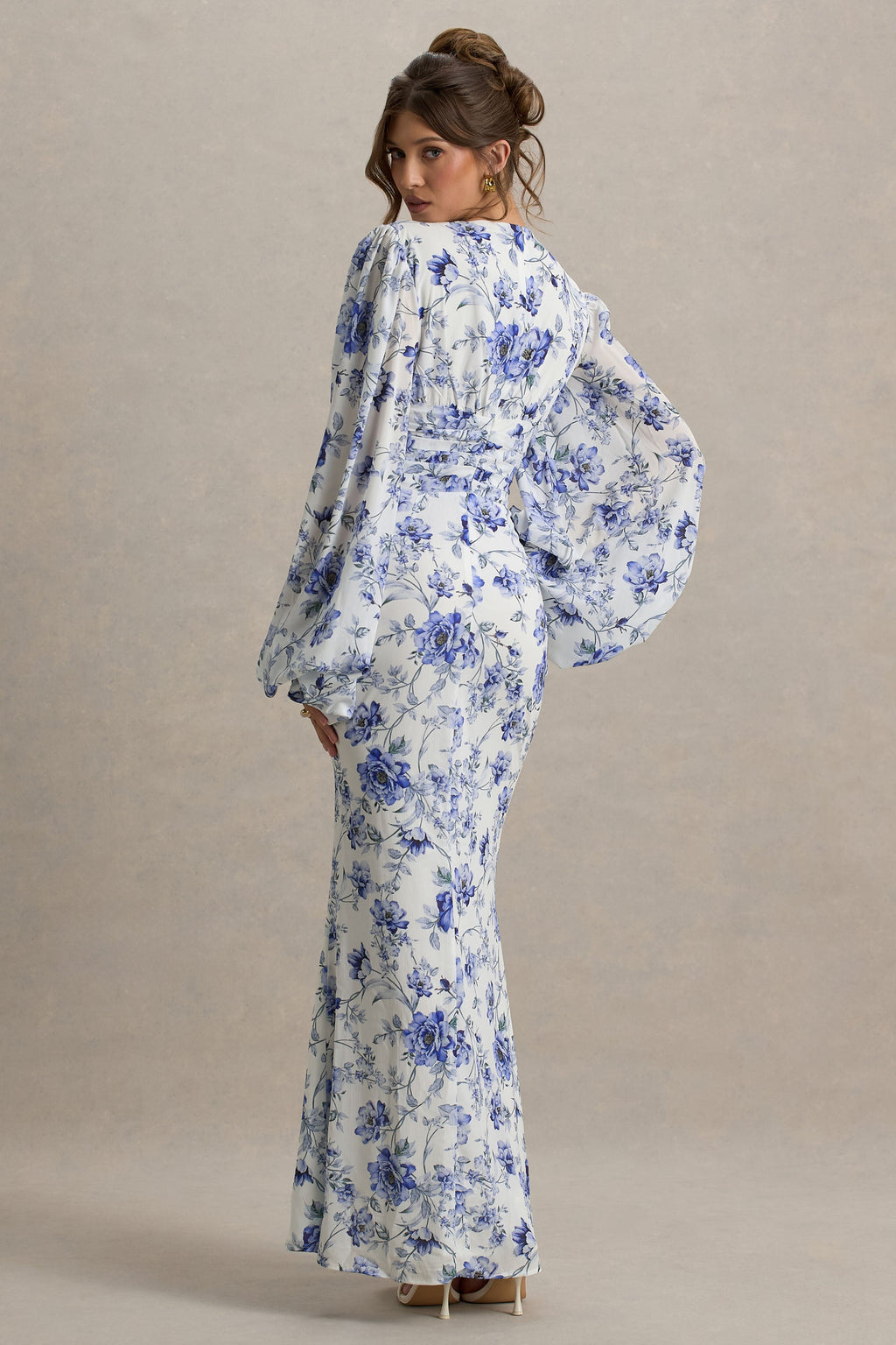 Casarile | Blue Floral Print V-Neck Balloon Sleeve Maxi Dress