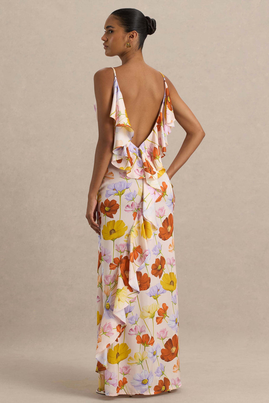 Thames | Bright Floral Print Satin Cowl-Neck Maxi Dress