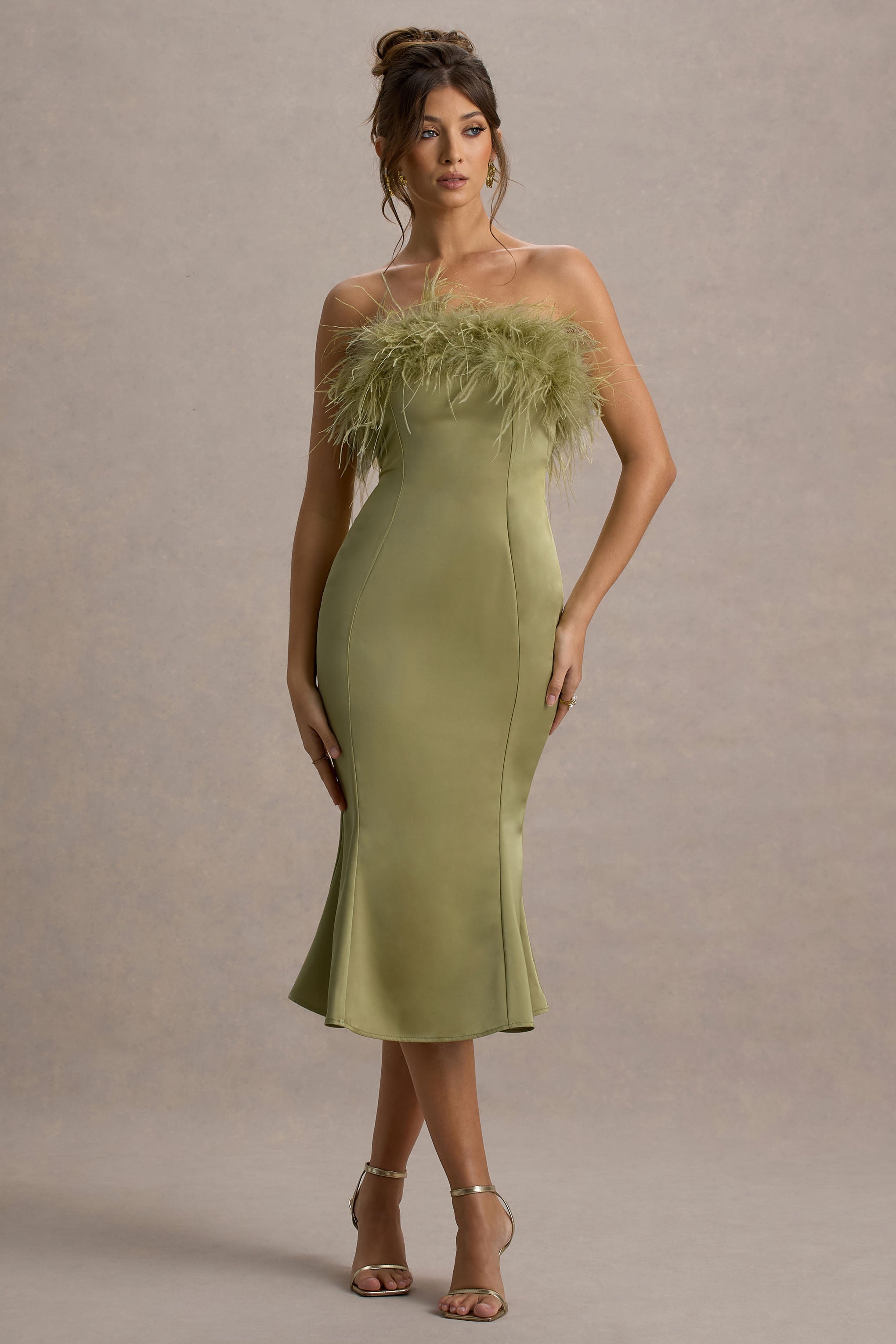 One And Only | Light Green Satin Feather Trim Bandeau Midi Dress