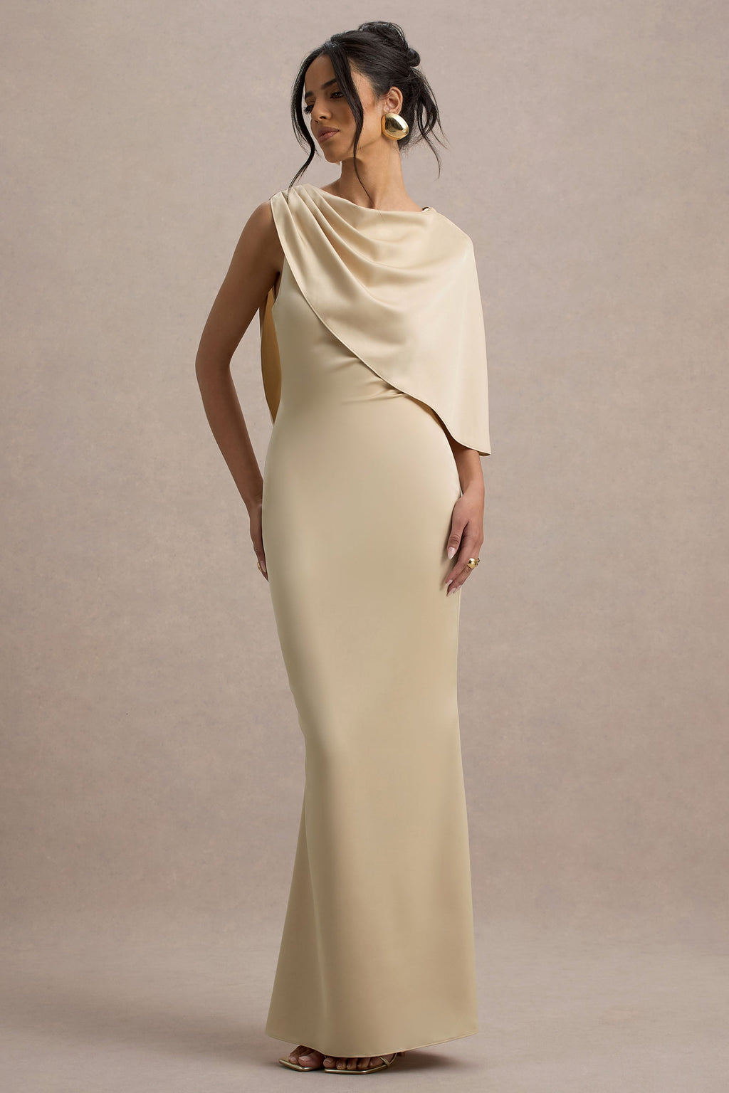 Ambra | Champagne Satin One-Shoulder Cape Maxi Dress