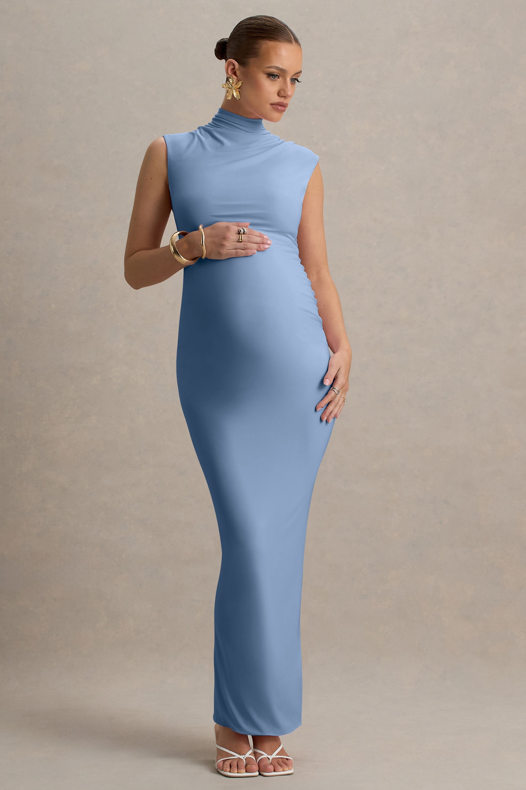 Kienna | Powder Blue Ruched High-Neck Maternity Maxi Dress