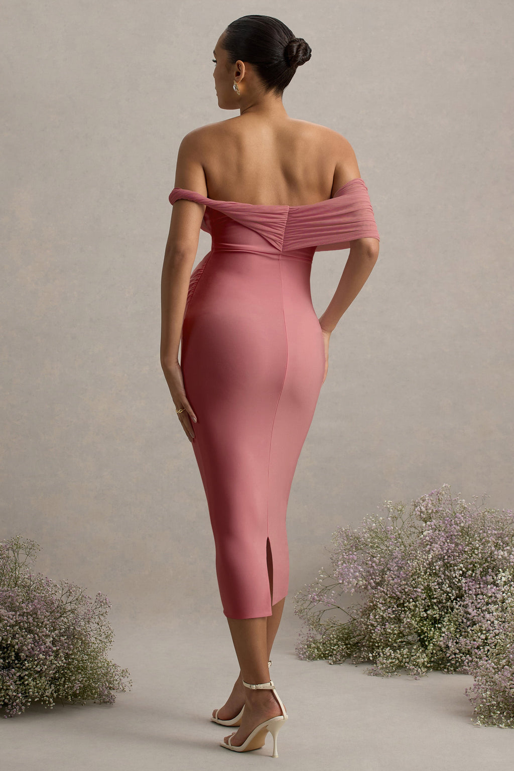 Jen | Pink Bardot Twisted Maternity Midi Dress