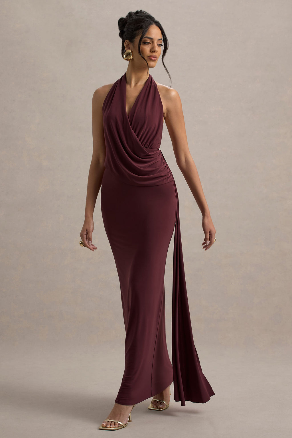 Rosina | Burgundy Halter-Neck Draped Maxi Dress With Sash