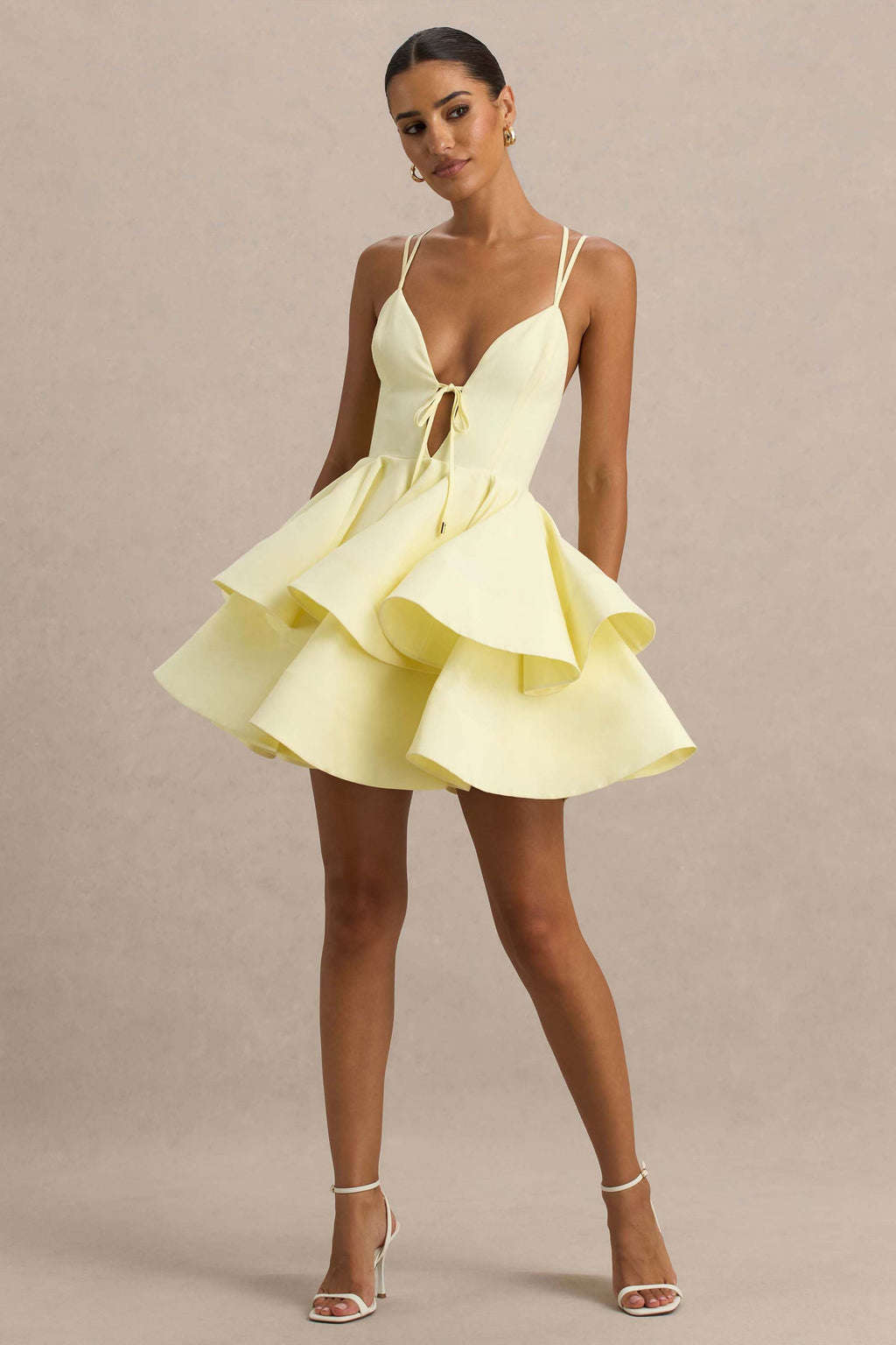 Flavia | Lemon Linen Plunge-Neck Ruffled Skater Micro-Mini Dress