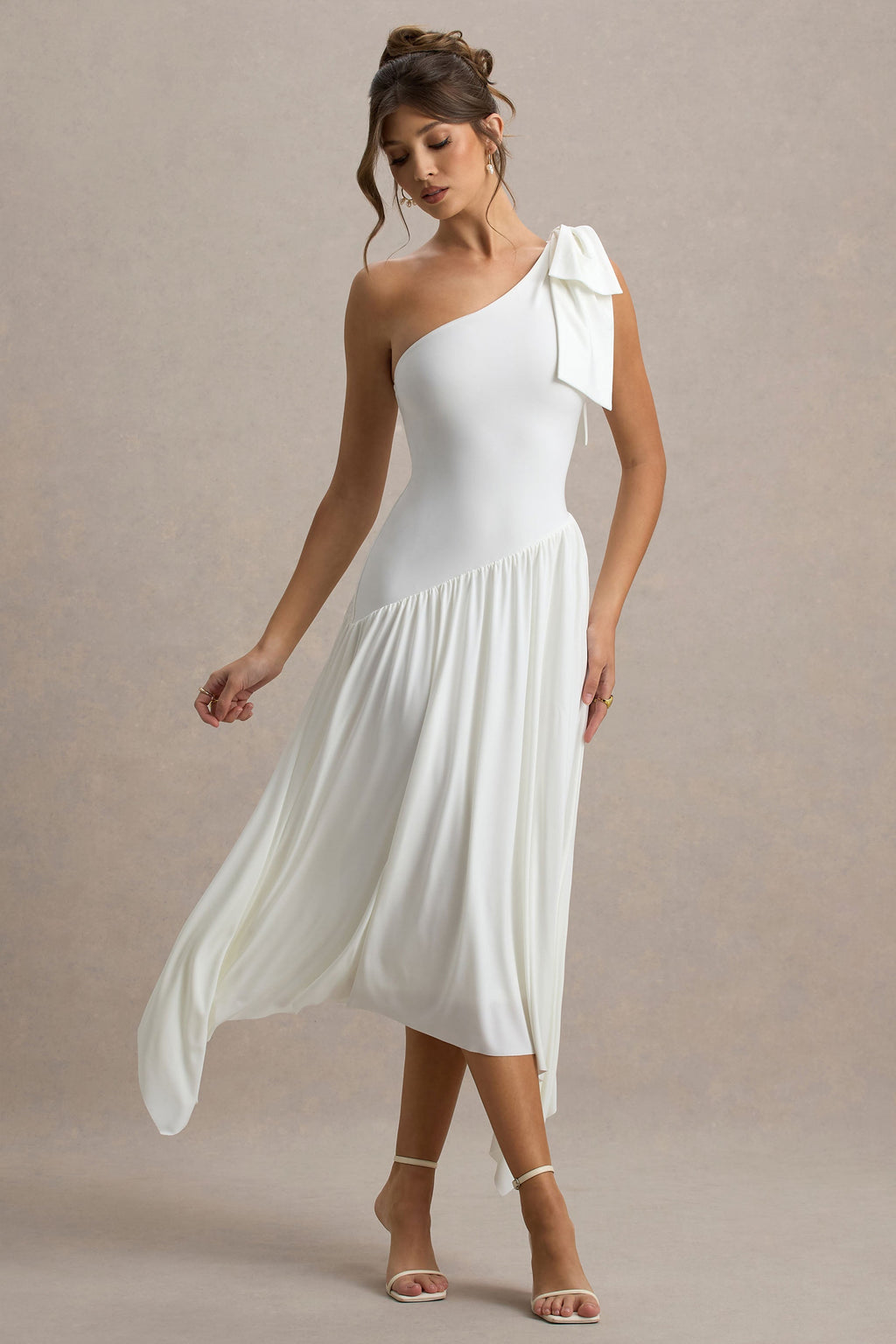 Lotus Love | White One-Shoulder Hanky-Hem Maxi Dress With Bow