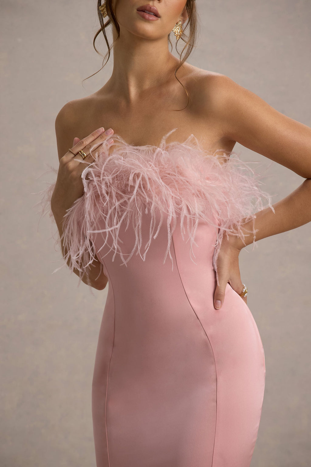 One And Only | Light Pink Satin Feather Trim Bandeau Midi Dress