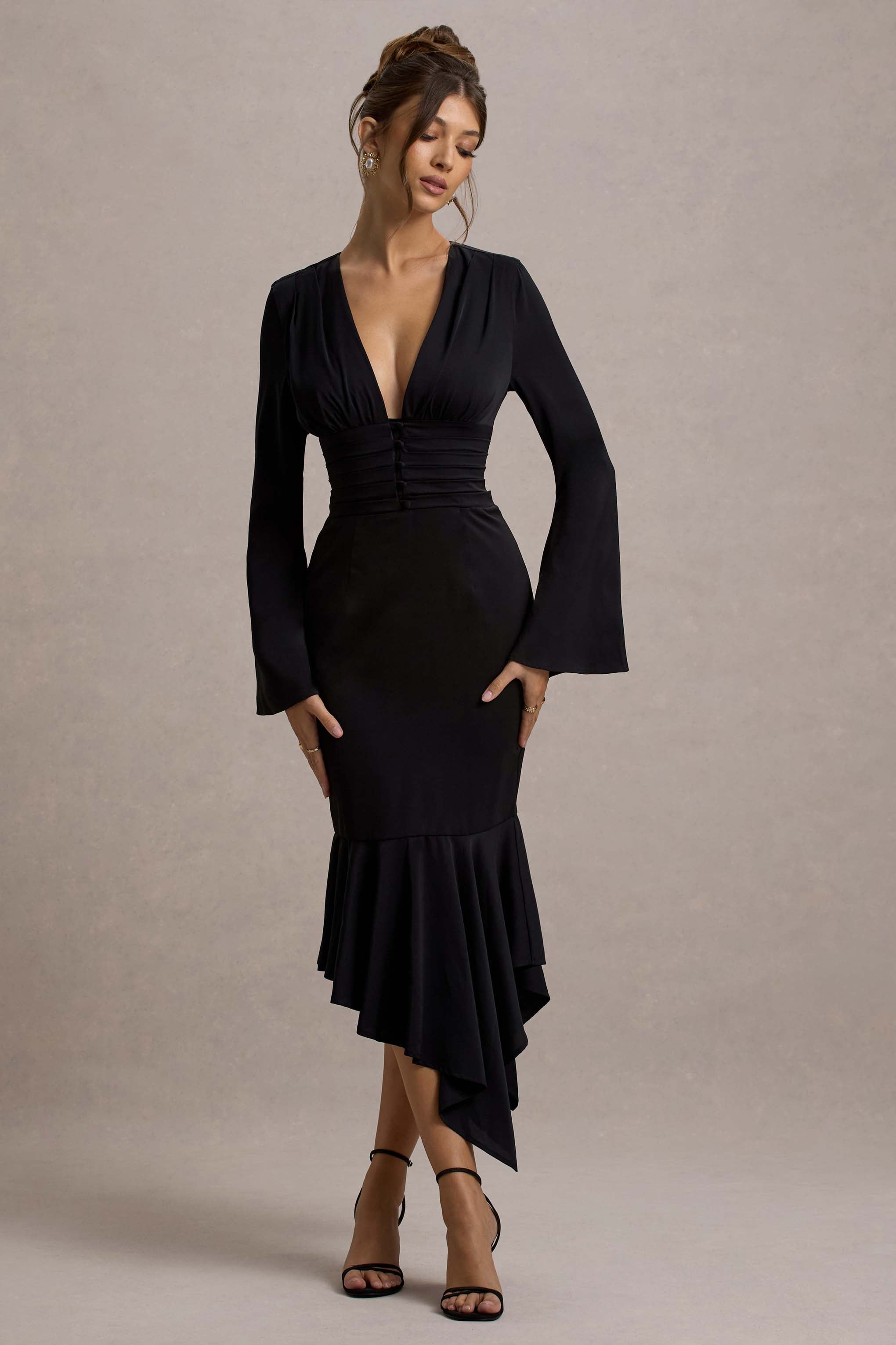 Rehna | Black Plunge-Neck Bell-Sleeve Midi Dress