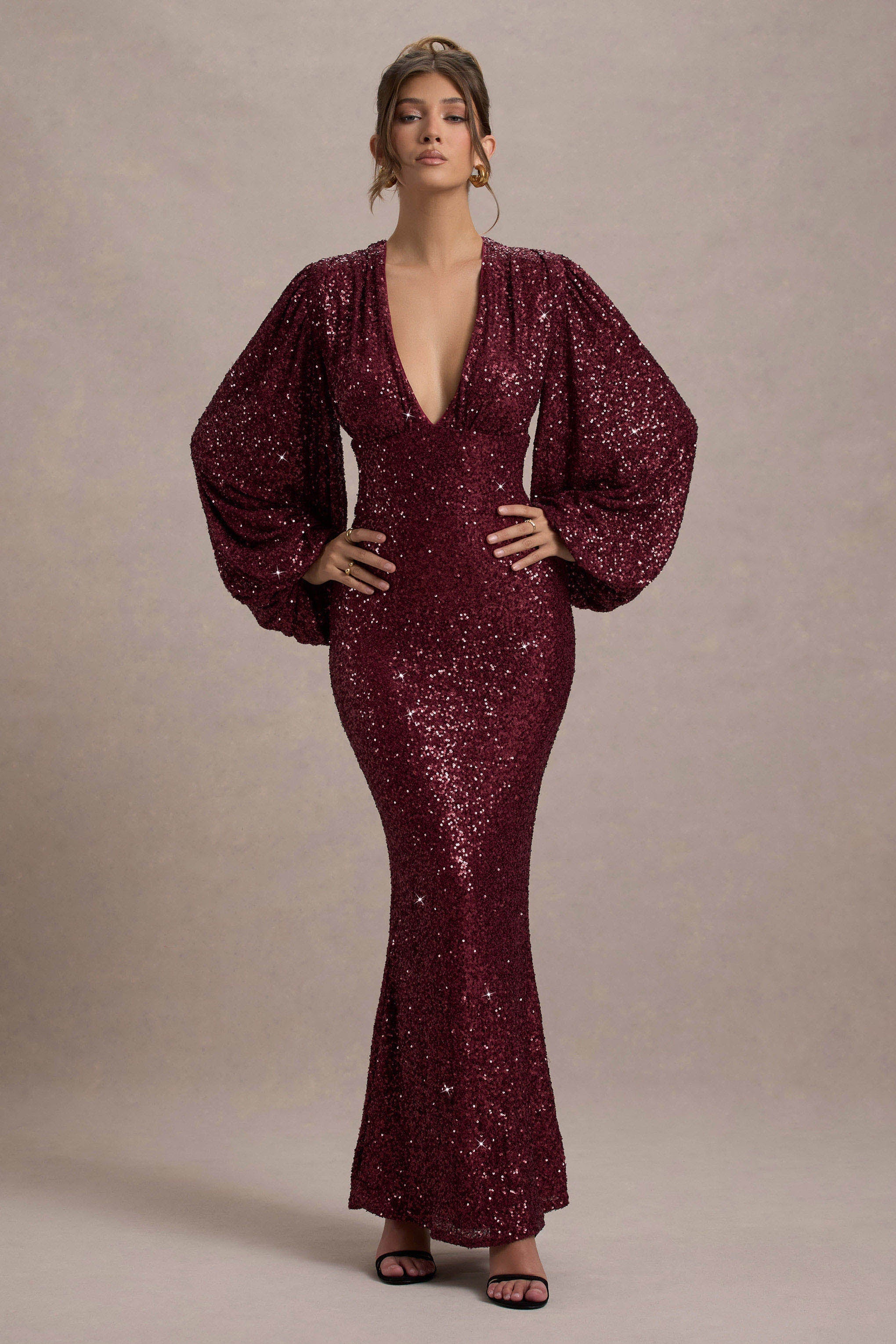 Kaelin | Berry Sequin Plunge-Neck Maxi Dress