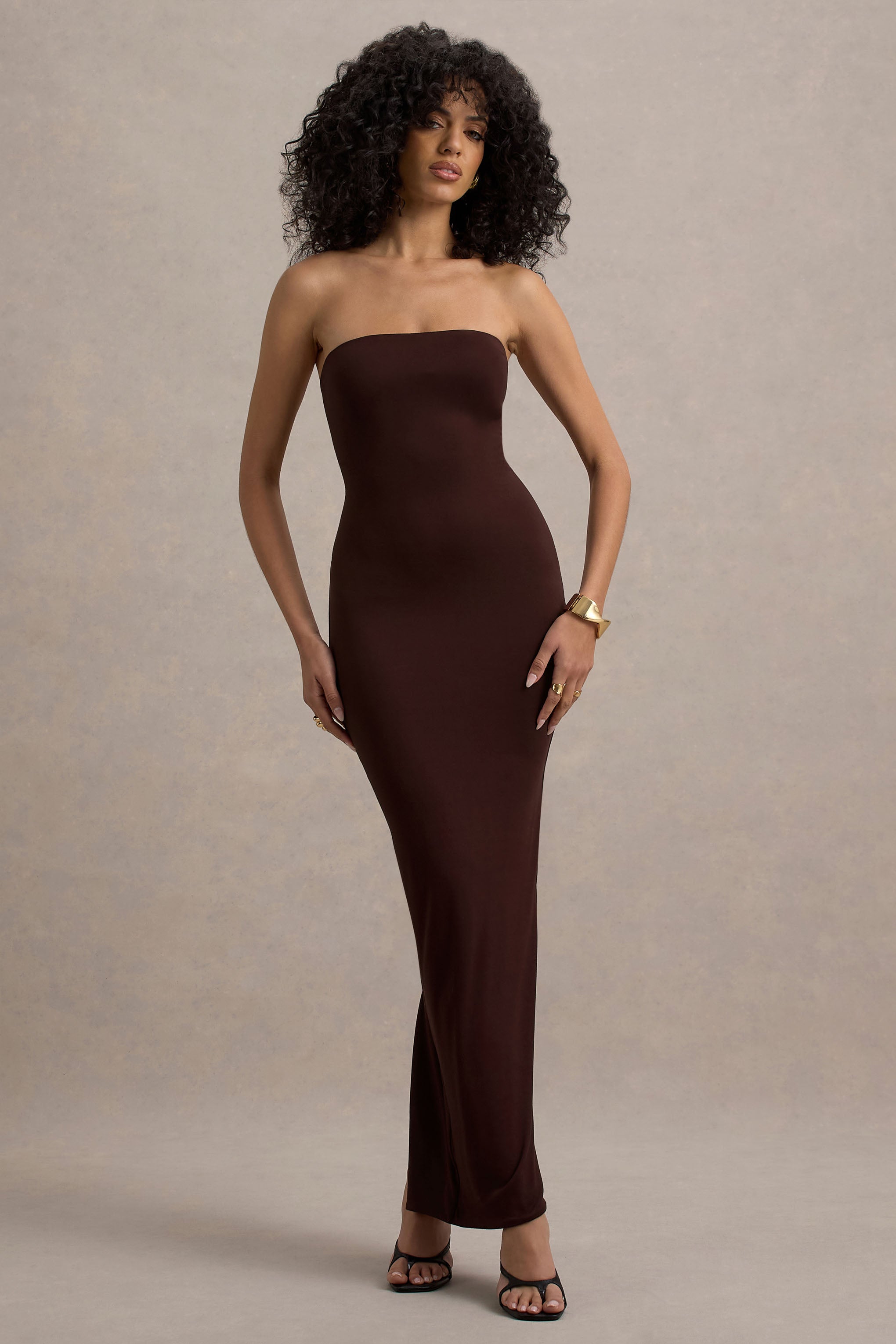 Angelie | Brown Bandeau Bodycon Maxi Dress