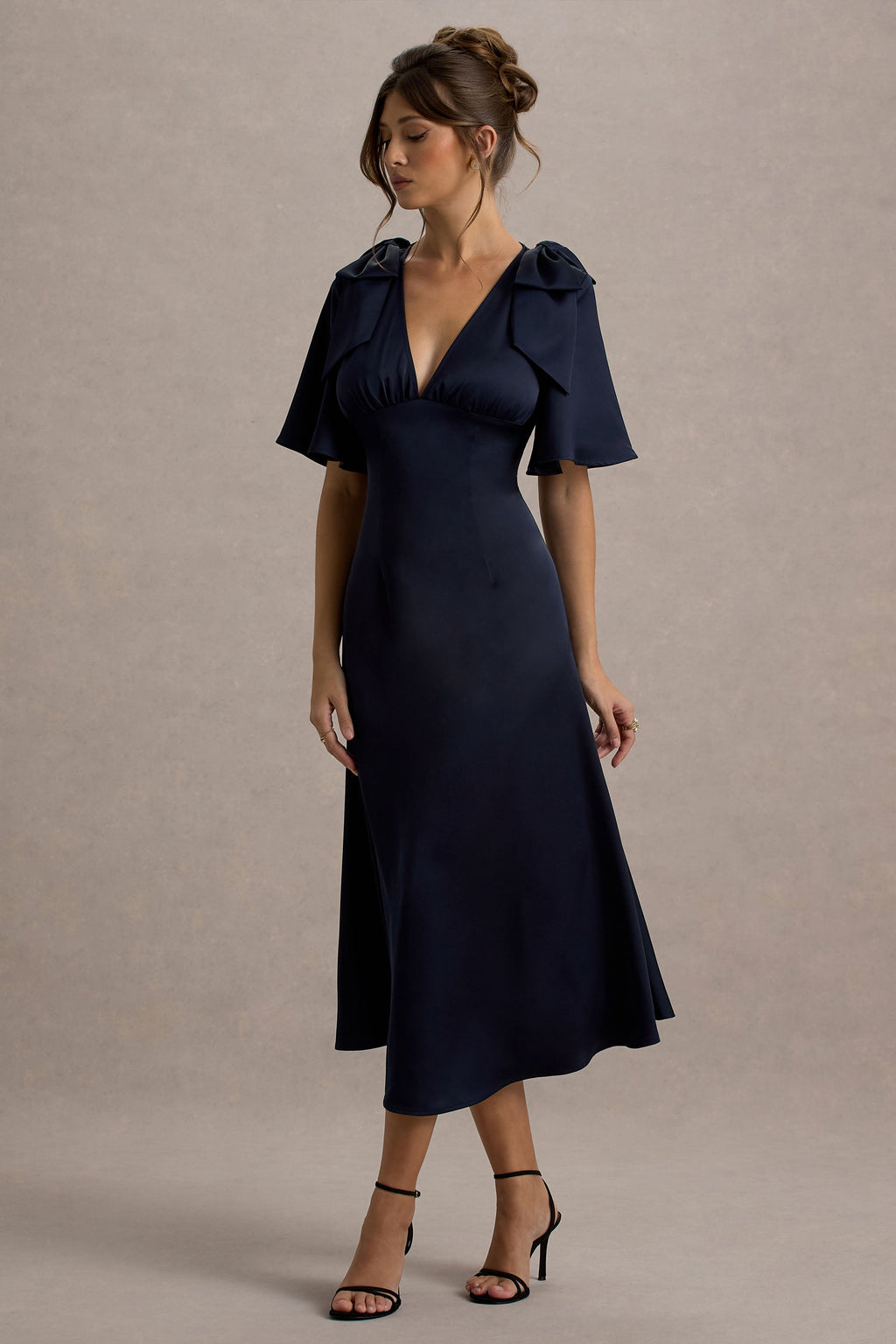 Danna | Navy Satin V-Neck Short-Sleeve Midi Dress