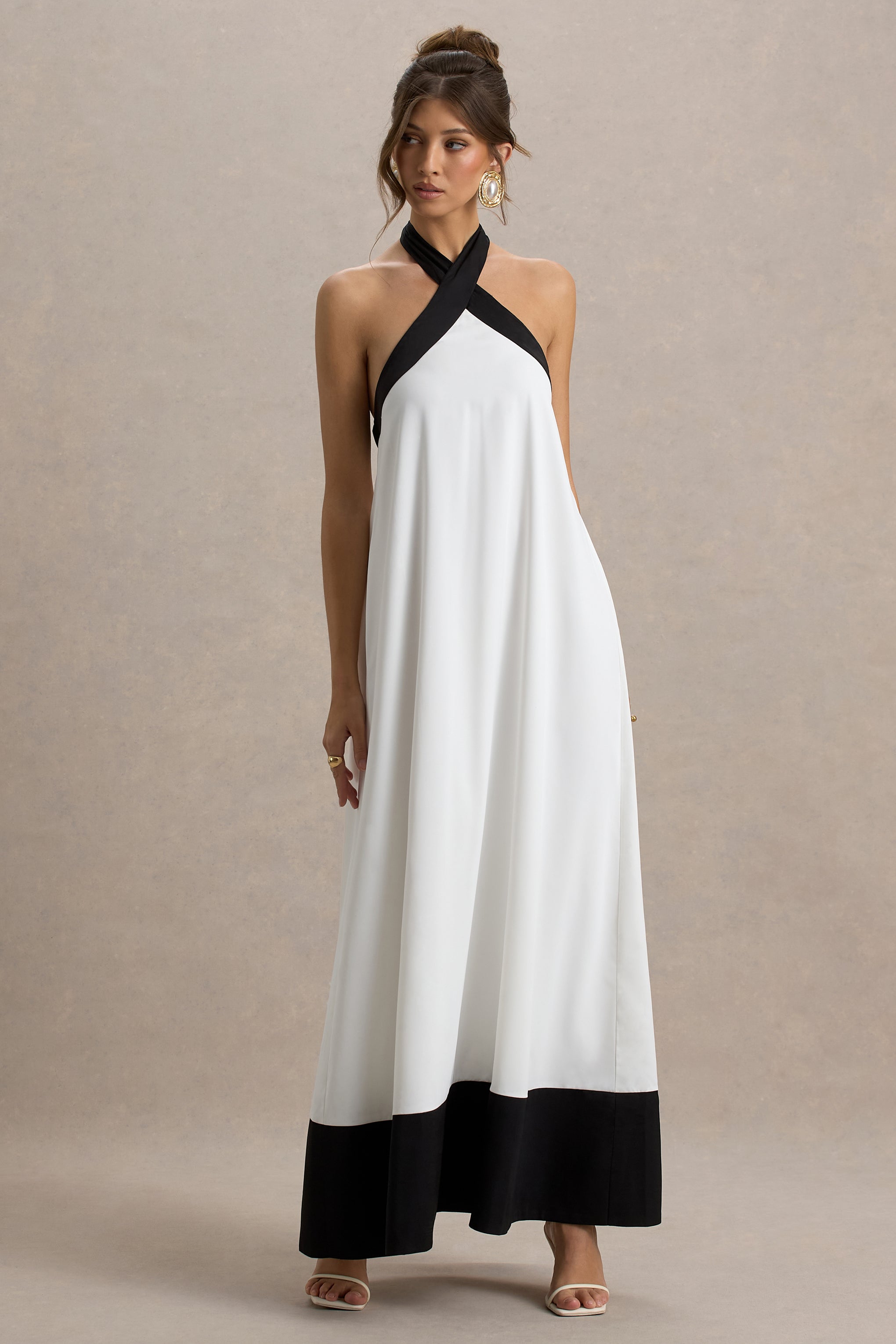 Clarabella | White & Black Halter-Neck Maxi Dress