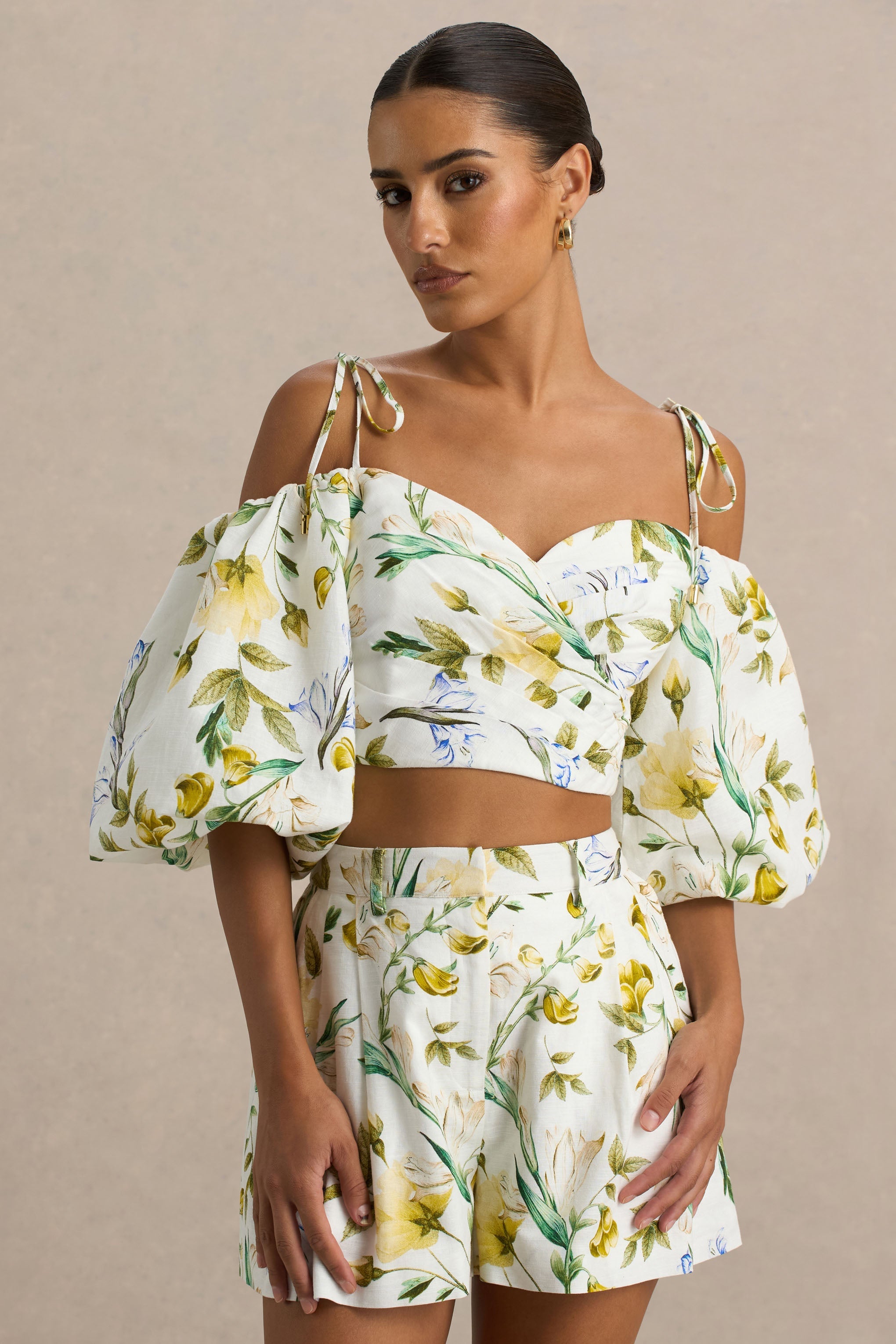 Amberly | White Linen Botanical Print Plunge-Neck Ruffled Crop Top