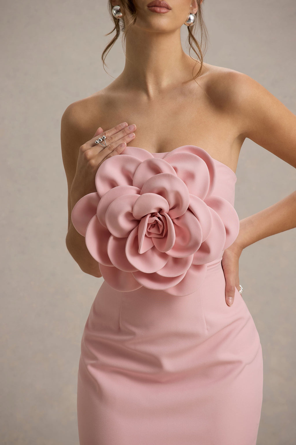 Phina | Pale Pink Bodycon Midi Dress With Large Floral Corsages