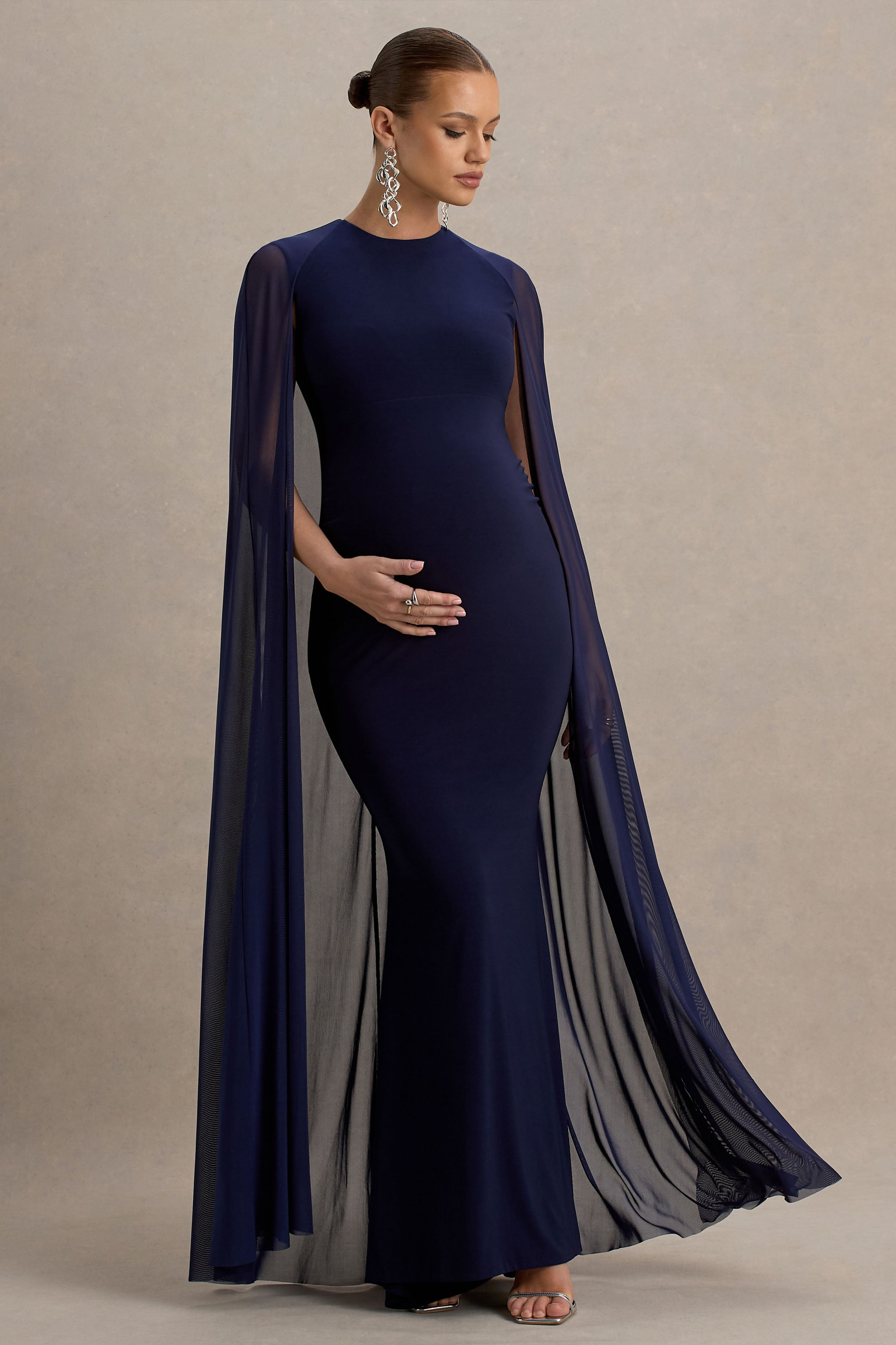 Currant | Navy High-Neck Maternity Maxi Dress With Cape