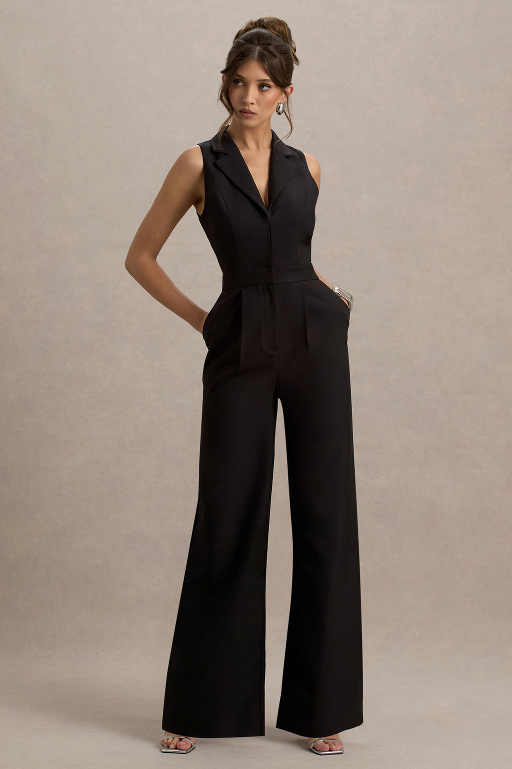 Trixie | Black Plunge-Neck Tailored Jumpsuit