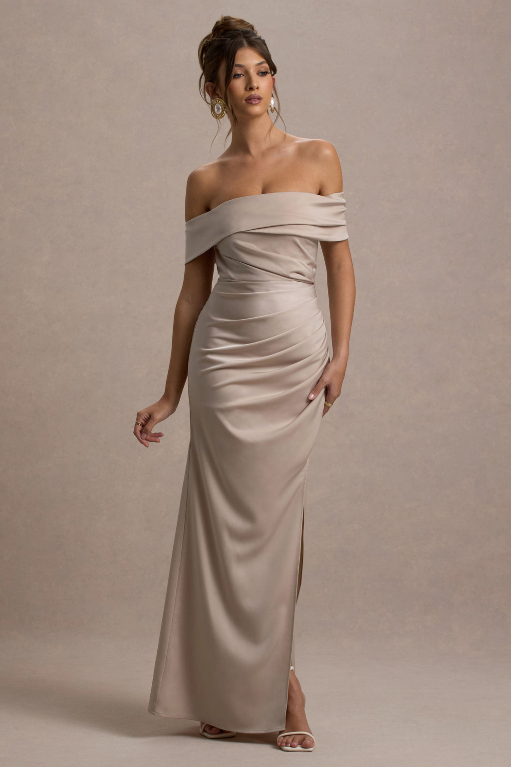 Martine | Champagne Satin Bardot Wrap Maxi Dress