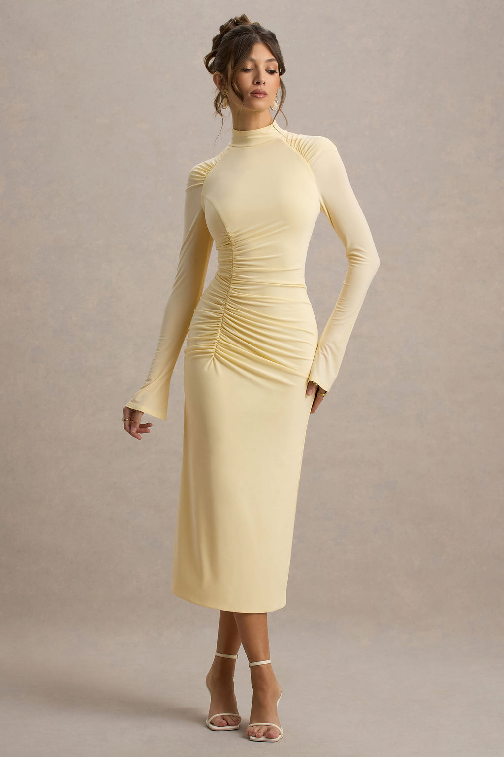 Cassandra | Pale Lemon High-Neck Long-Sleeve Midi Dress