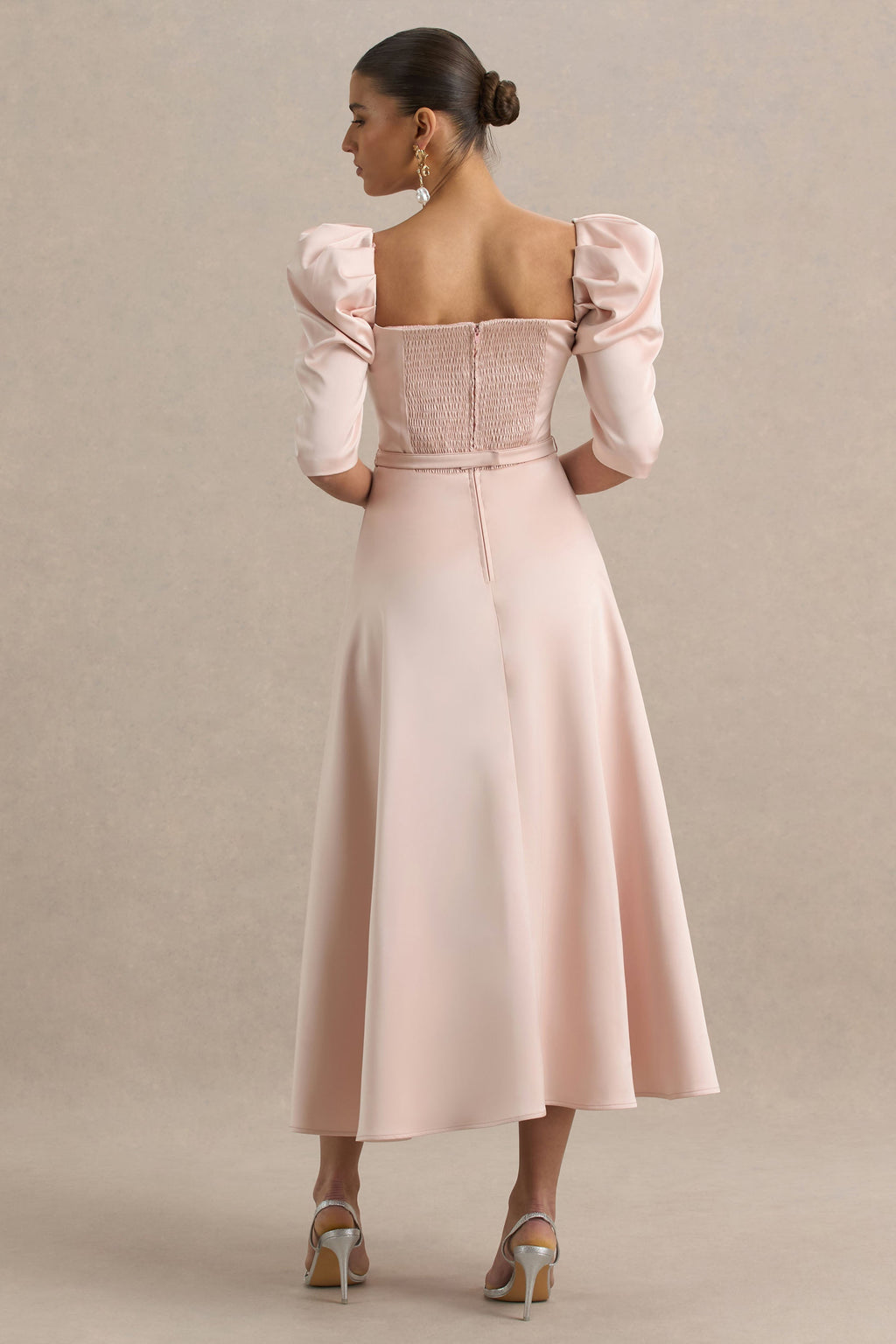 Rosey | Pale Pink Satin Sweetheart Midi Dress