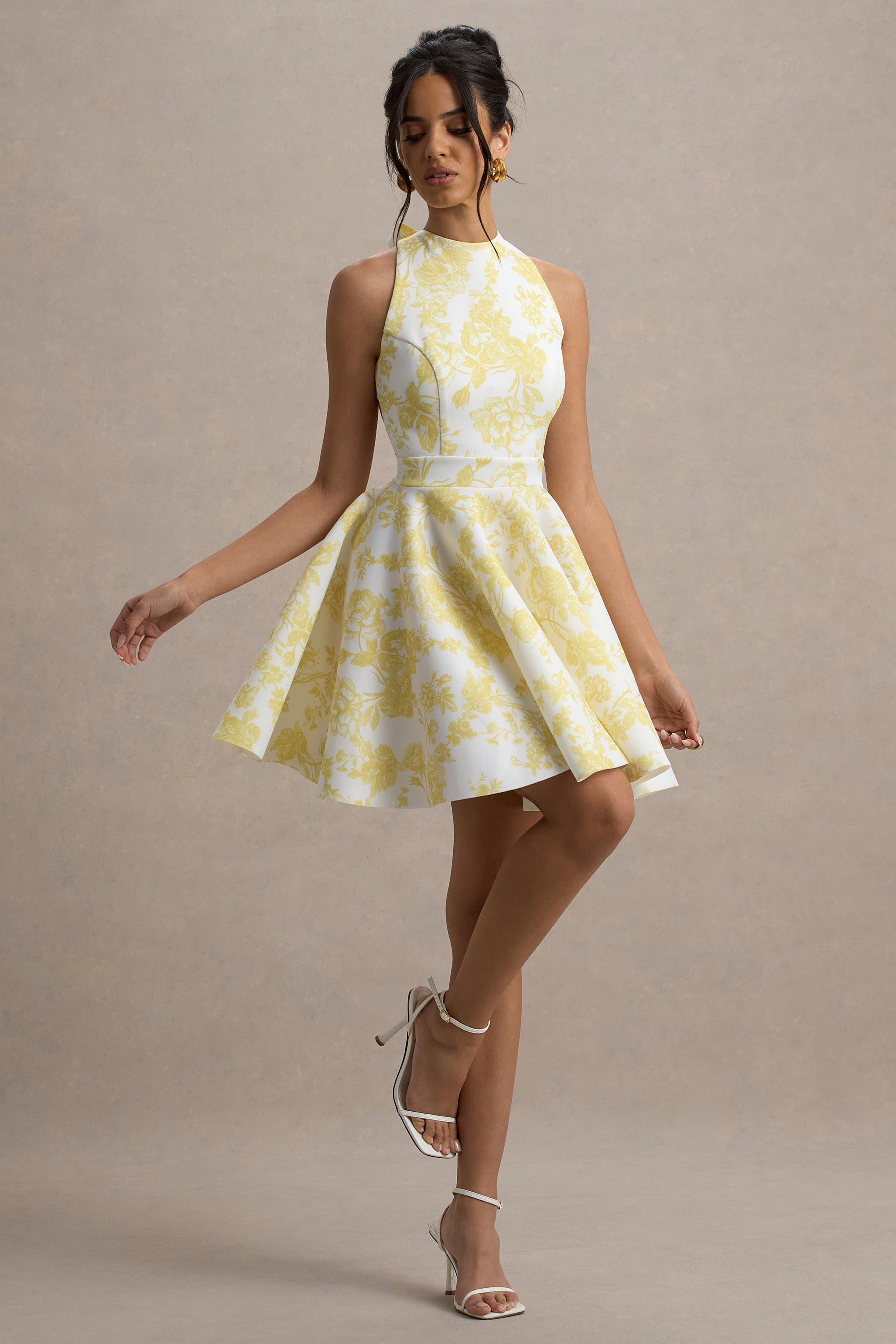 Waverly | Yellow Porcelain Print Racer-Neck Sleeveless Skater Mini Dress