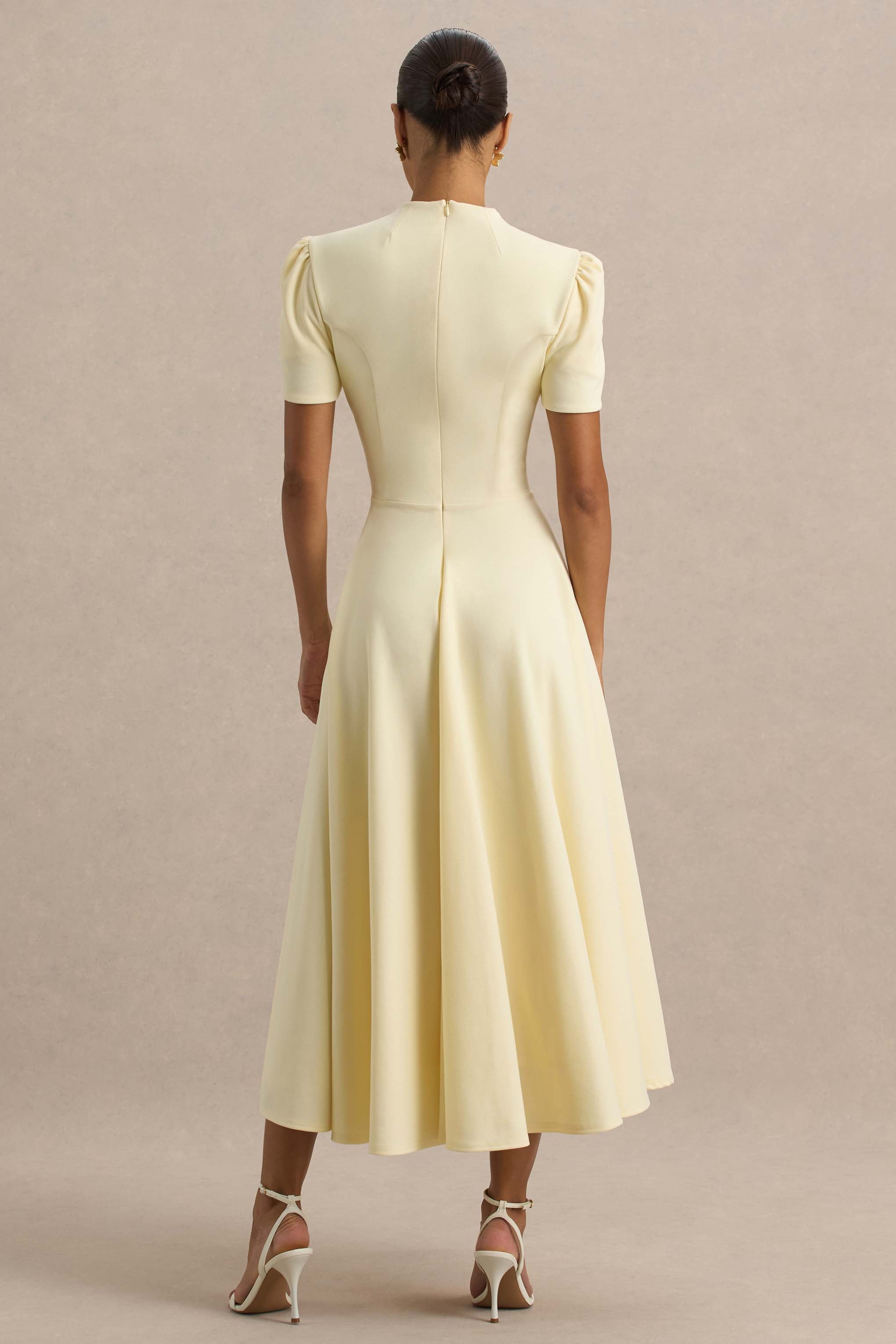 Vicky | Lemon High Neck Midi Dress With Puff Sleeves