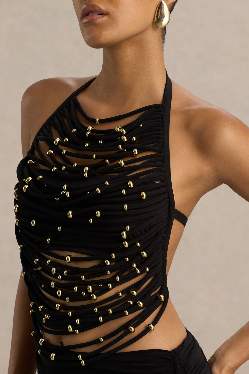 Twinkler | Black High-Neck Embellished Top With Cut-Outs