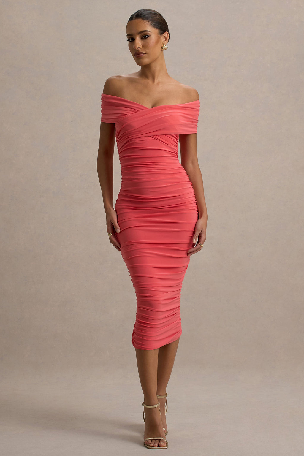 Unwrapped | Coral Ruched Twist Bardot Midi Dress