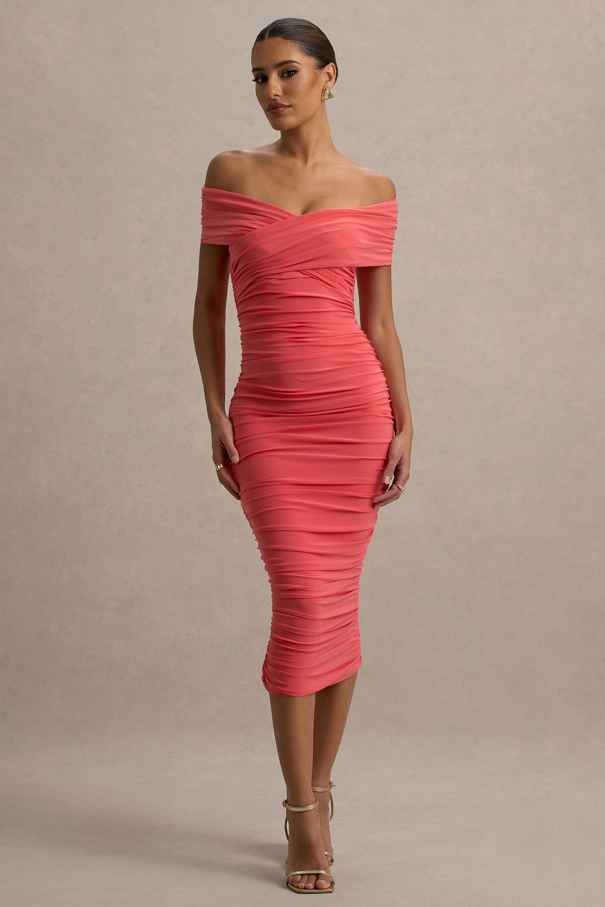 Unwrapped | Coral Ruched Twist Bardot Midi Dress
