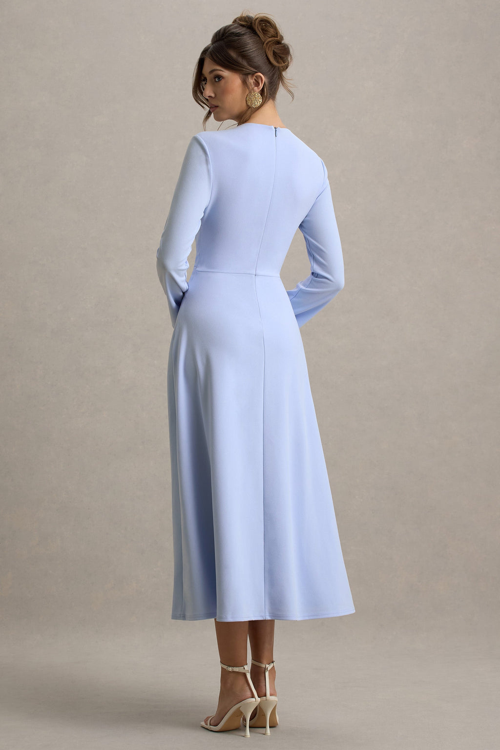 Cassiopeia | Powder Blue Long-Sleeve Midi Dress With Cross Waist