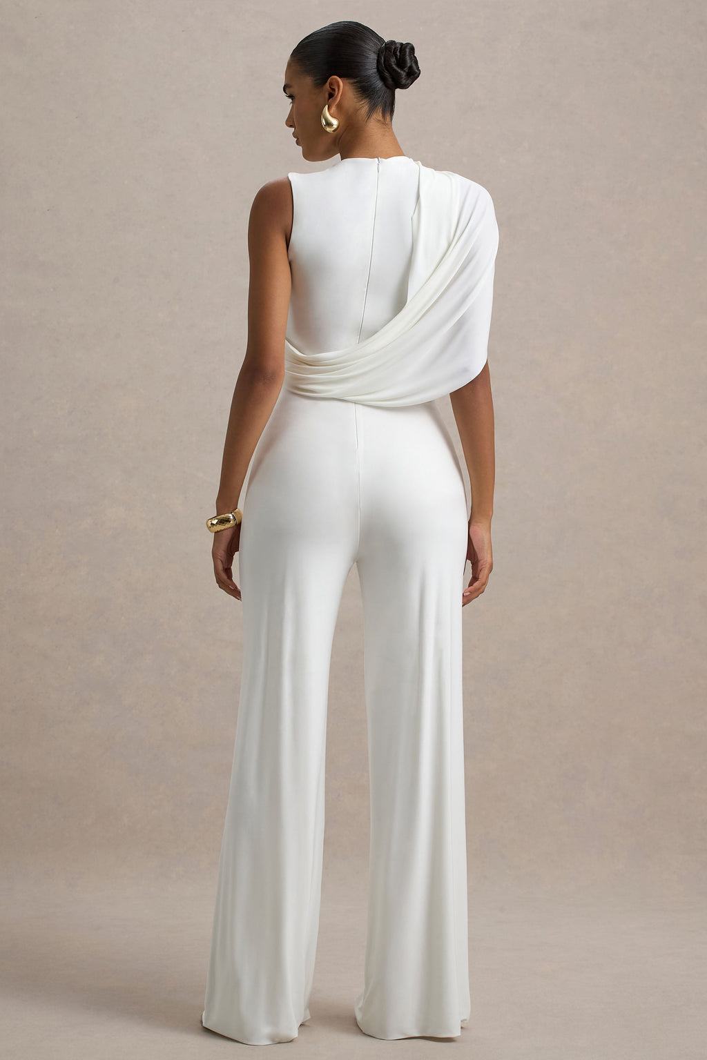 Opulence | White Jumpsuit With Cape Sleeve and Draped Details