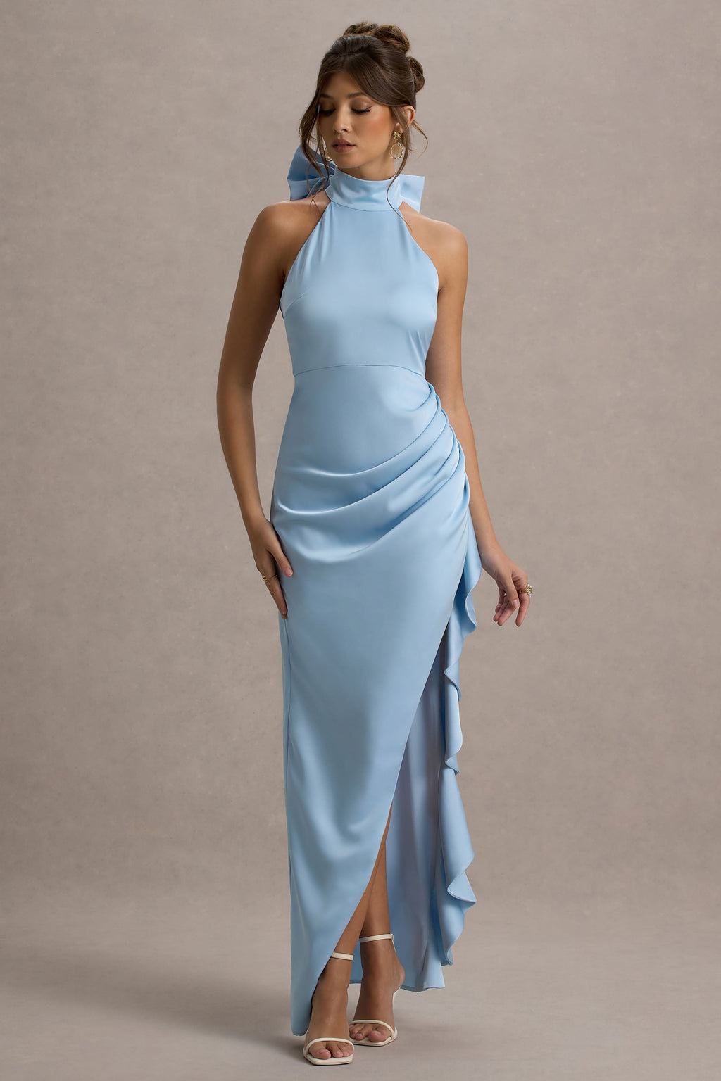 Maureen | Powder Blue Satin High-Neck Draped Maxi Dress