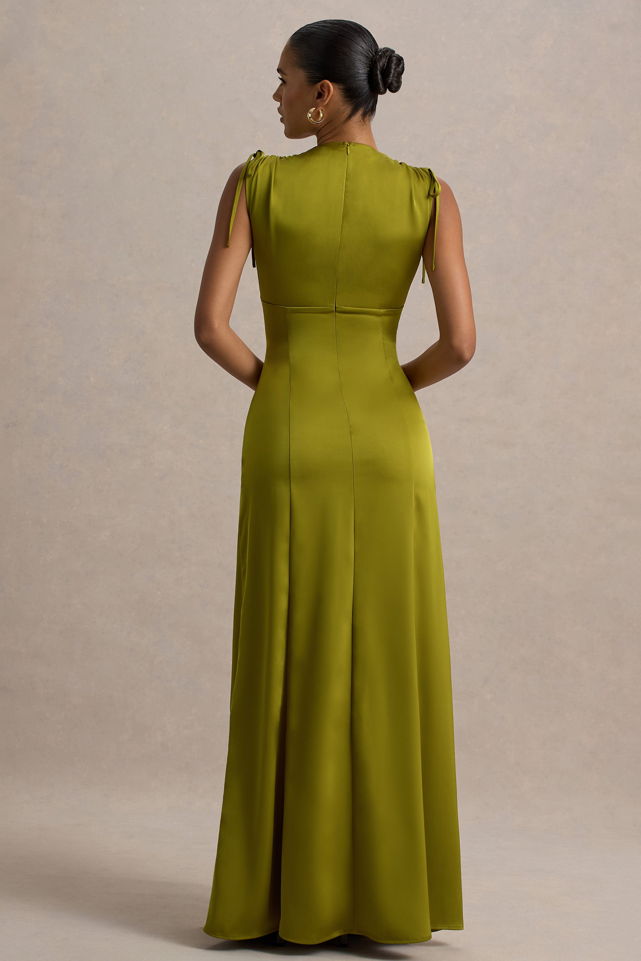 Ysabella | Olive Satin Plunge-Neck Split Maxi Dress