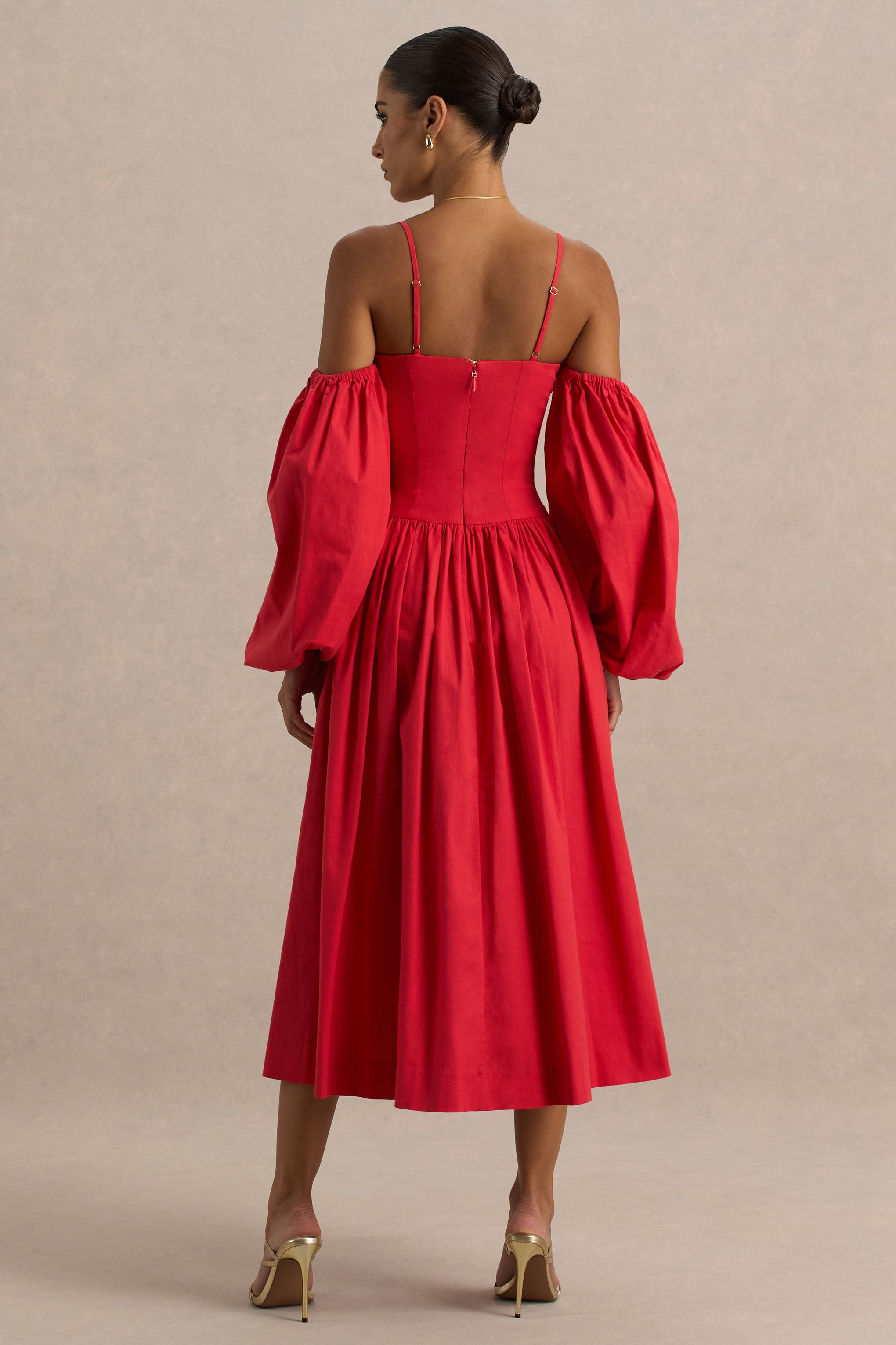 Macie | Red Sweetheart Midi Dress With Balloon Sleeves