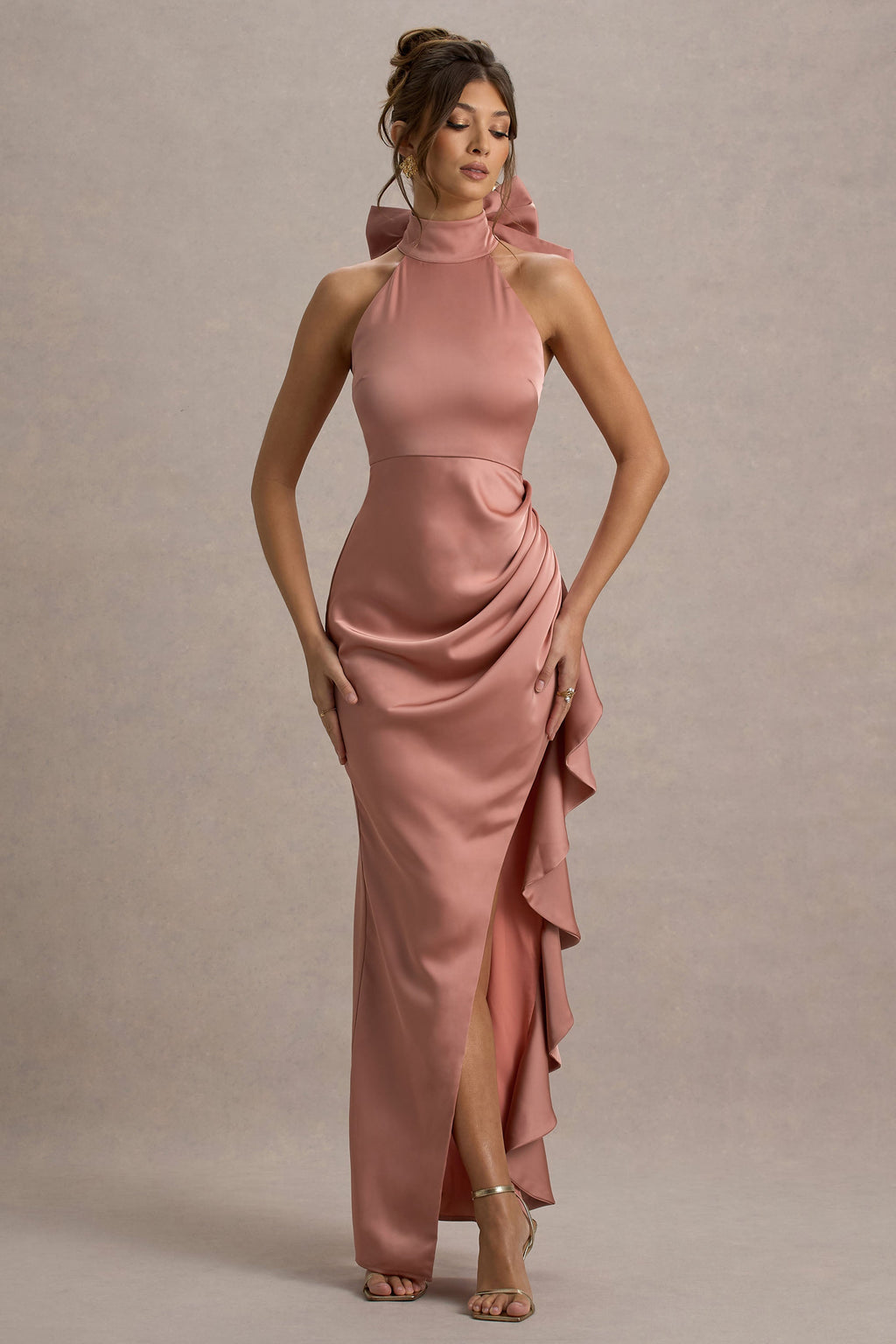 Maureen | Pink Satin High-Neck Draped Maxi Dress